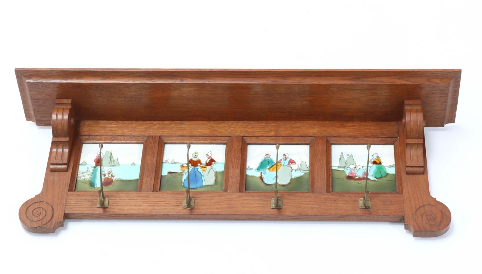 Oak Belgium Art Nouveau Wall Coat Rack With Tiles, 1900s photo for sale