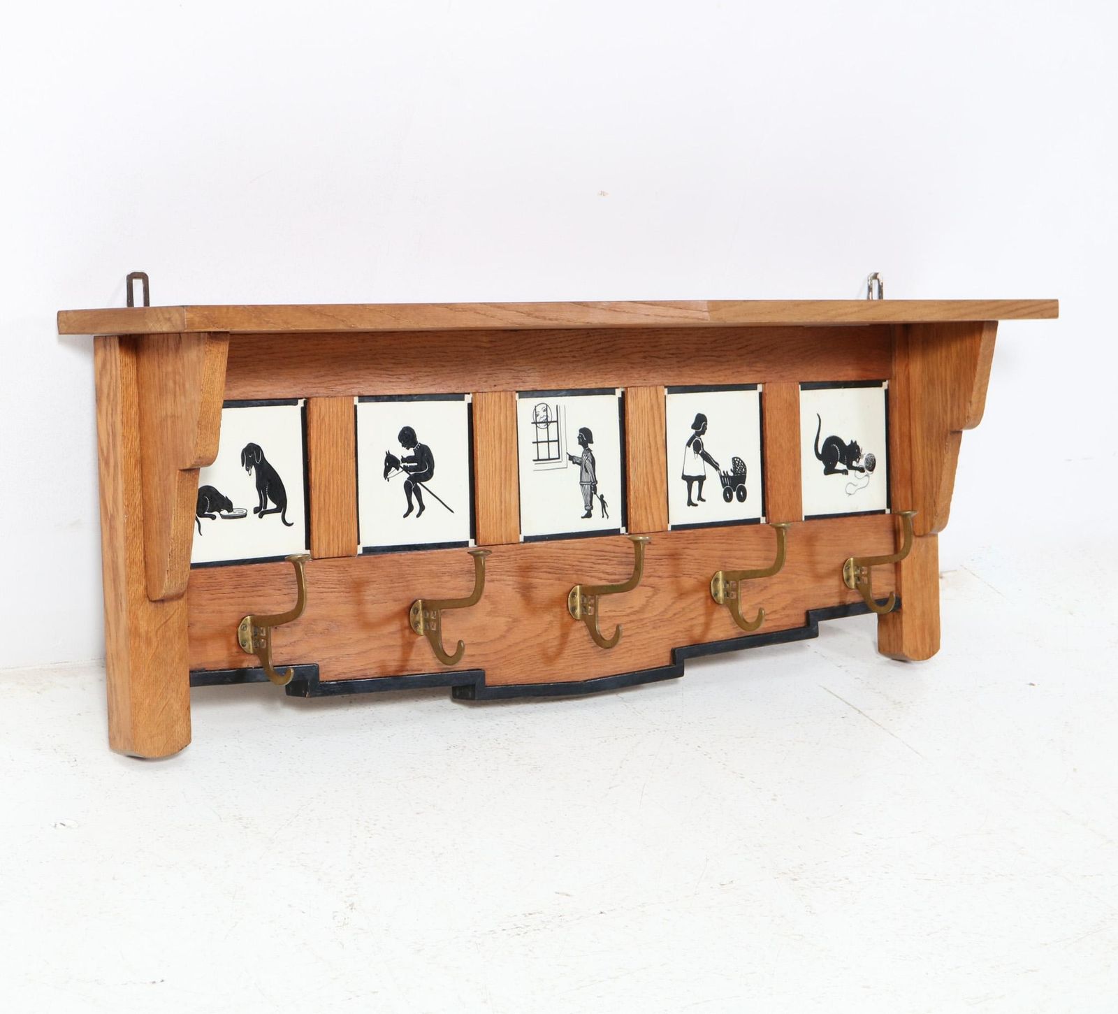 Oak Art Deco Amsterdamse School Coat Rack With Tiles, 1920s photo for sale