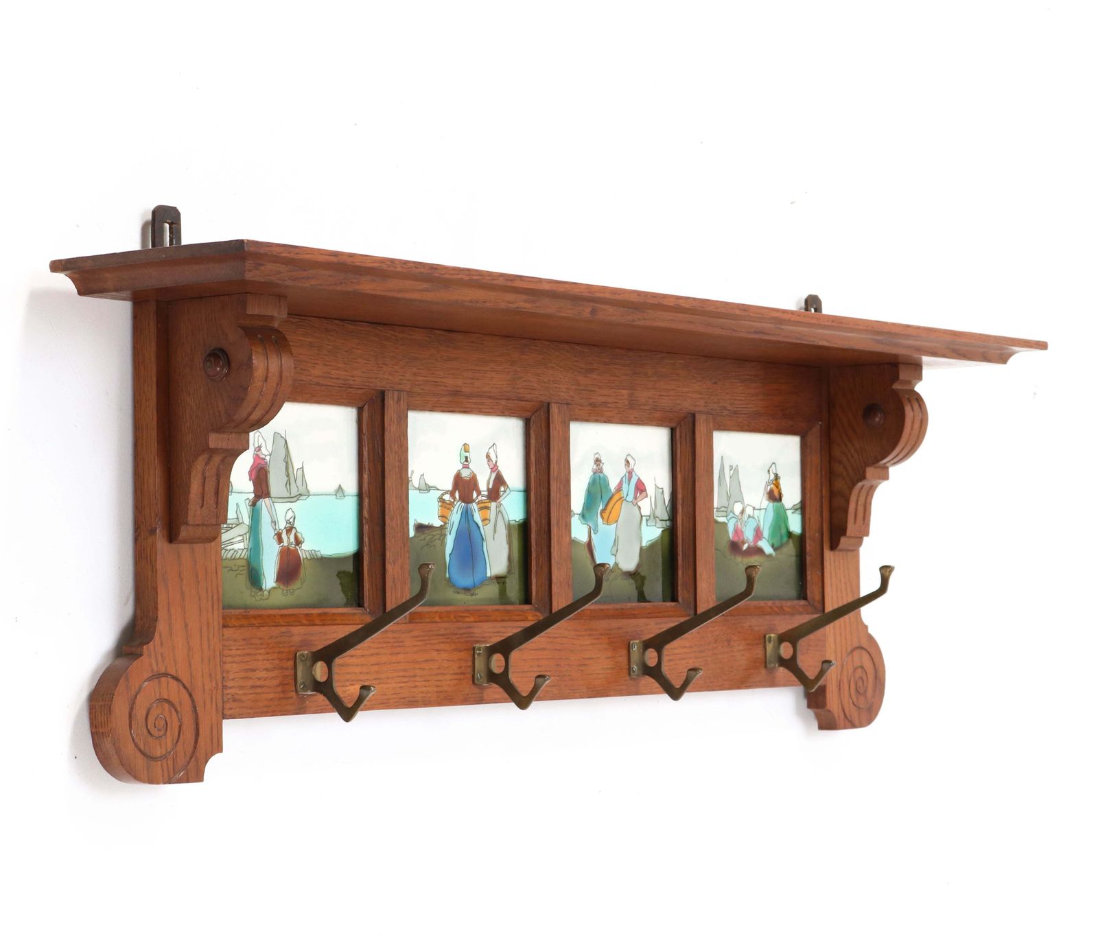 Oak Belgium Art Nouveau Wall Coat Rack With Tiles, 1900s photo 990.0