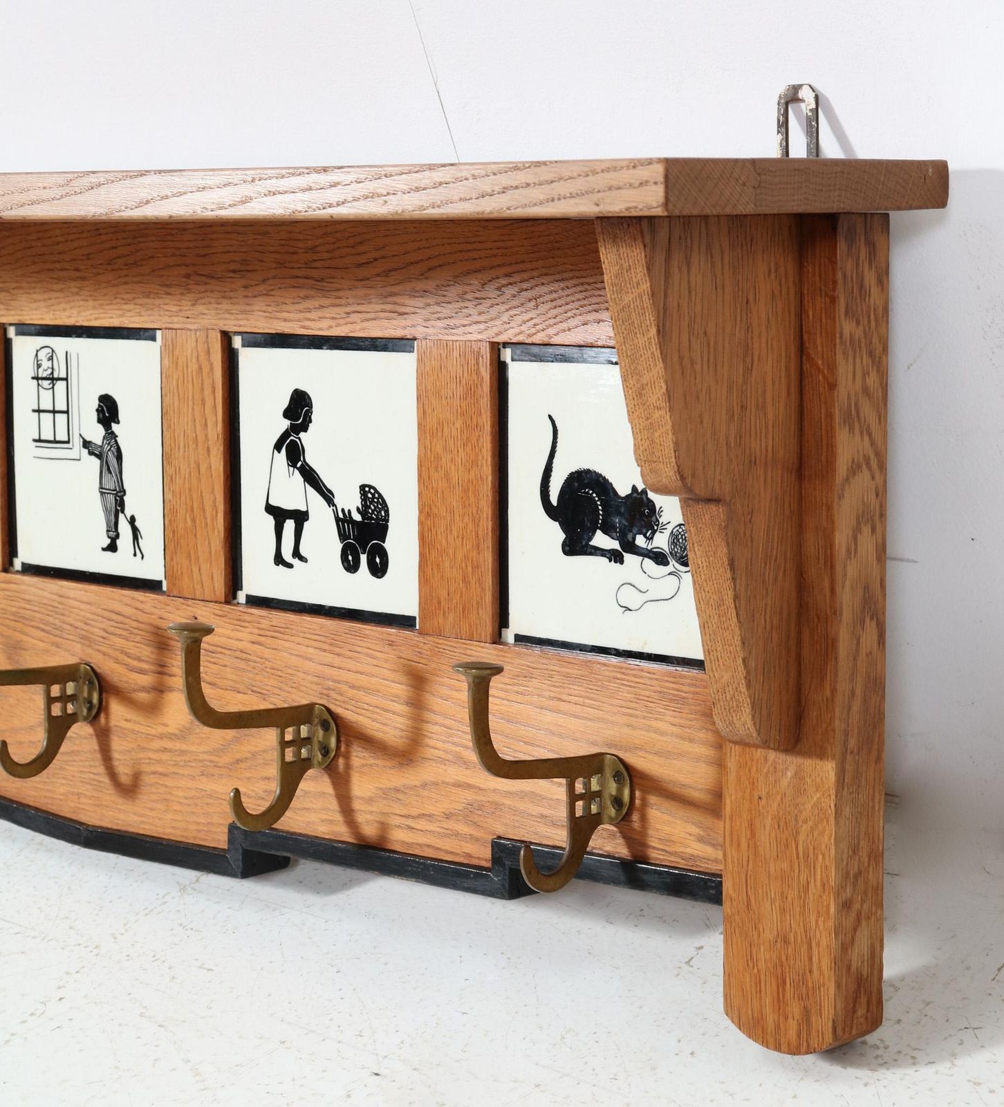 Oak Art Deco Amsterdamse School Coat Rack With Tiles, 1920s photo 1240.0