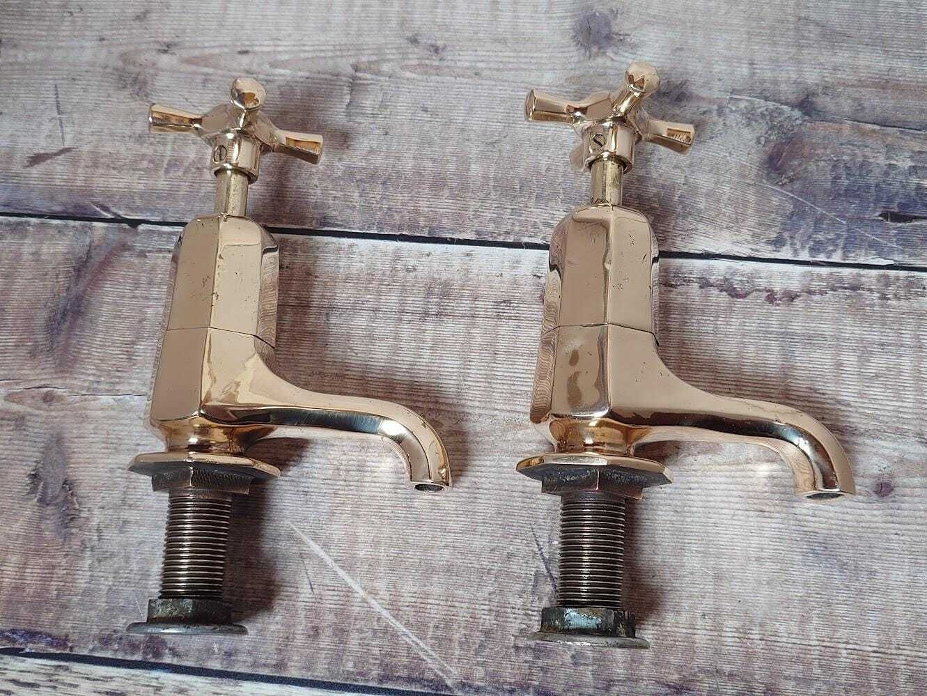 Original Art Deco Basin Taps, Polished Brass Taps, Antique Sink Faucets, Antique Bathroom Sink Taps, Overhauled And Ready To Fit photo vintage