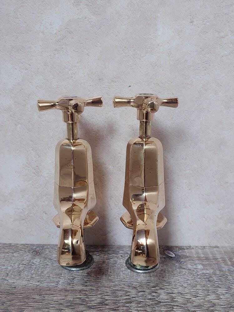 photo for sale Original Art Deco Basin Taps, Polished Brass Taps, Antique Sink Faucets, Antique Bathroom Sink Taps, Overhauled And Ready To Fit