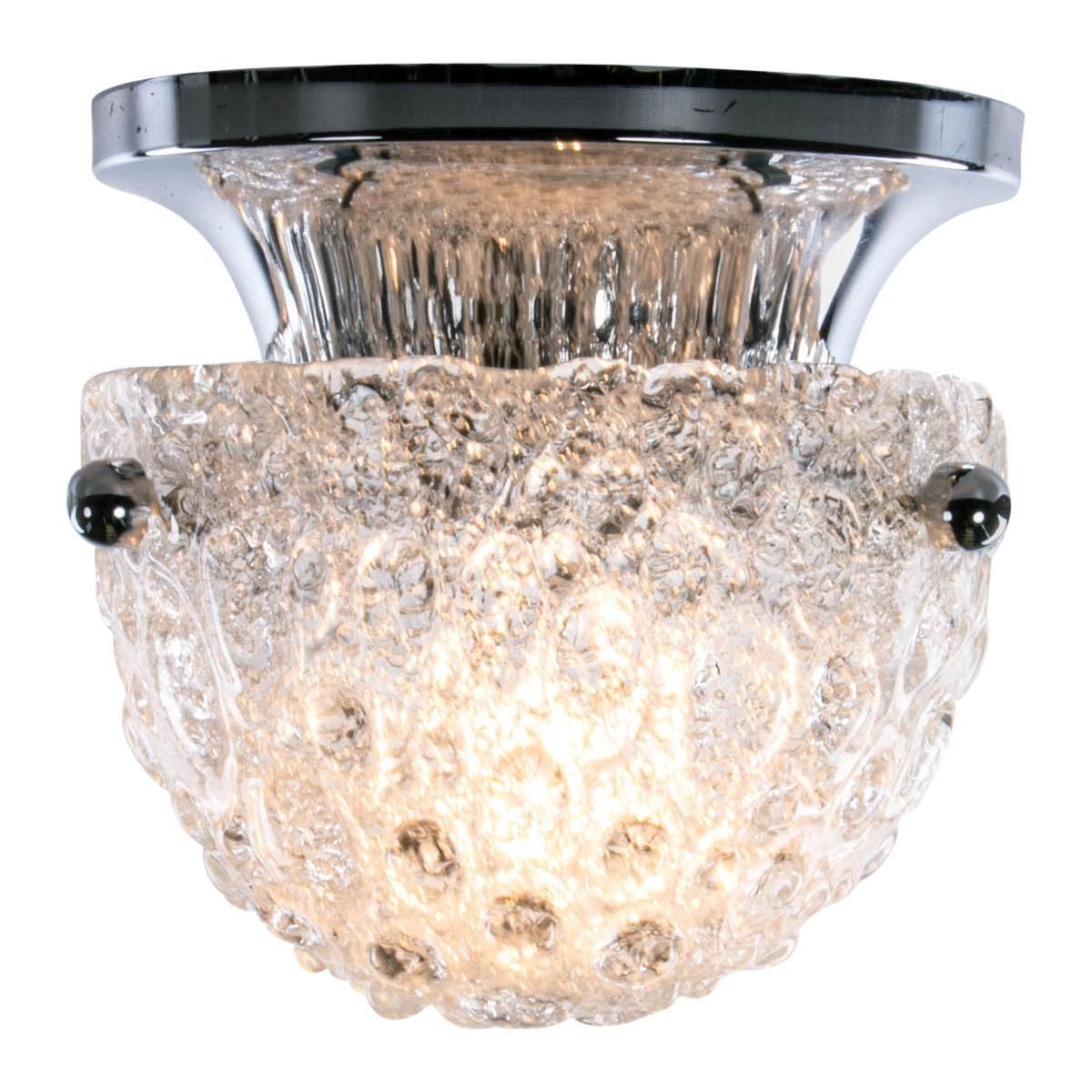 1 (Of 2) Murano Mushroom Flush Mount Iced Glass & Chrome Hillebrand Germany 1960