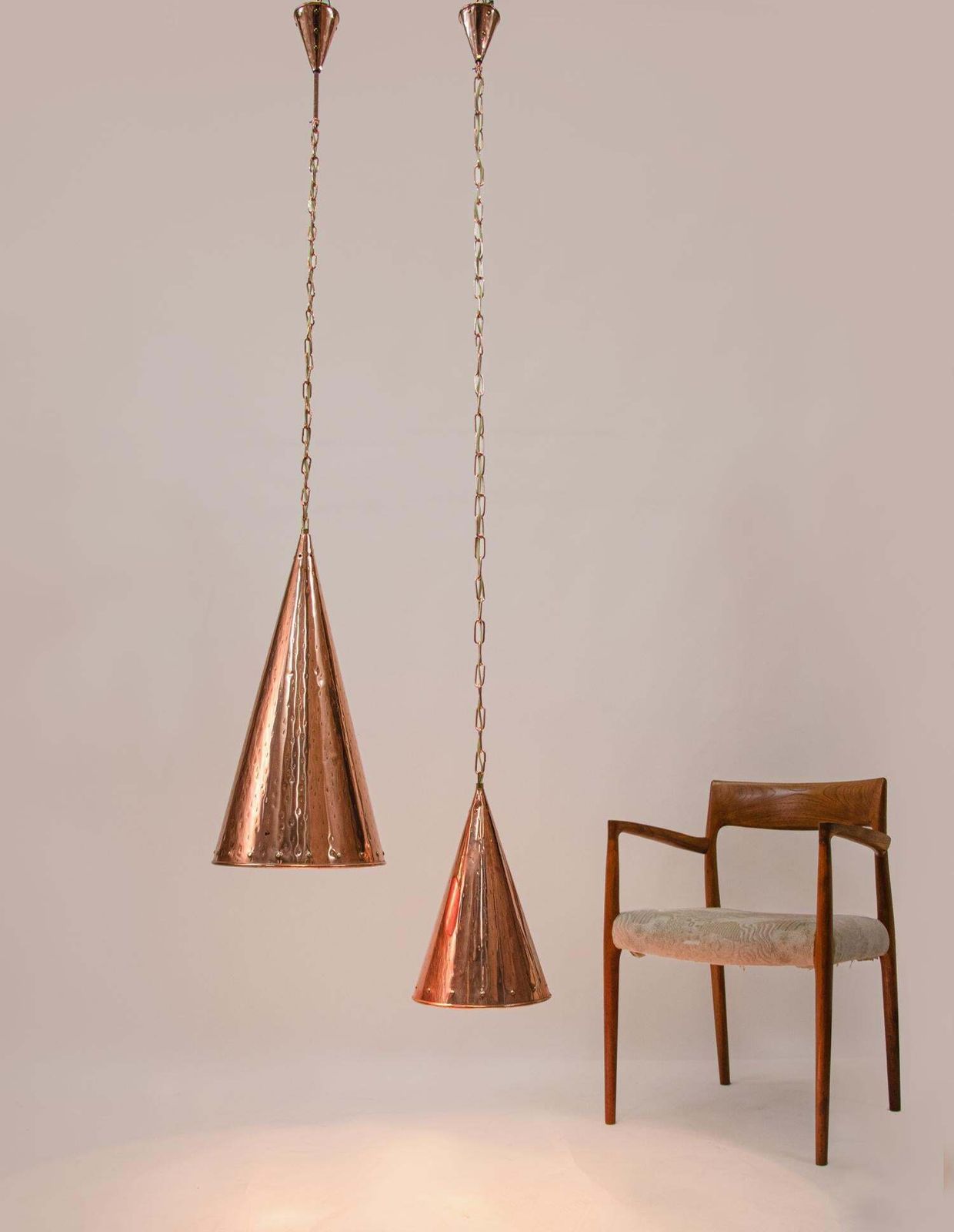 Pair Of Danish Hammered Copper Cone Pendant Lamps By E.S Horn Aalestrup, 1950s photo furniture