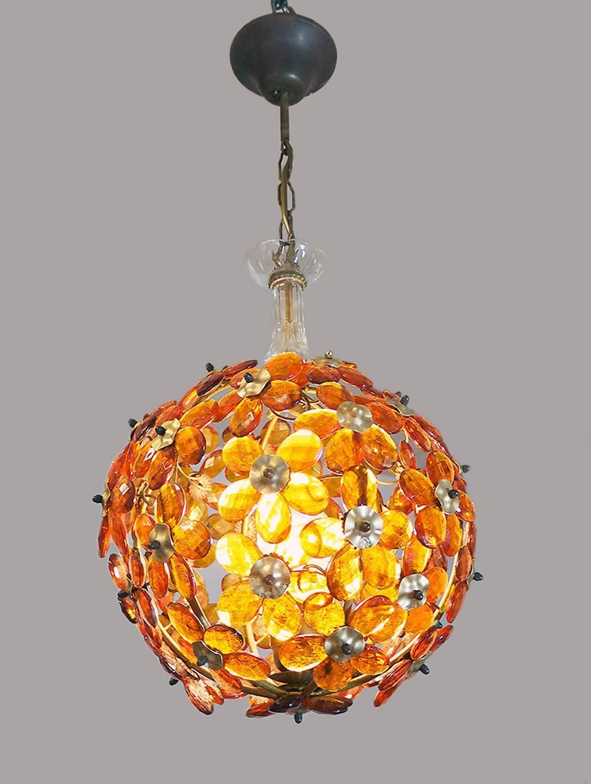 1950 France Maison Bagues Amber Chandelier Crystal Flowers & Brass photo furniture
