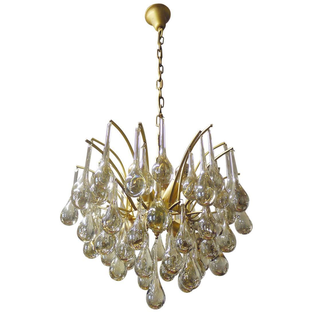 1 'Of 2' 1970 Germany Palwa Tear Drop Chandelier Murano Glass And Brass