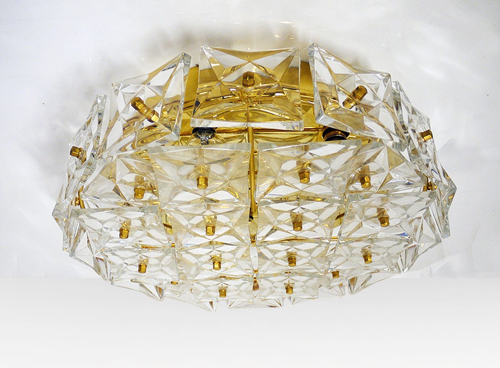 1960 Germany Kinkeldey Large Flush Mount Chandelier Gold Plated Brass & Crystal photo for sale