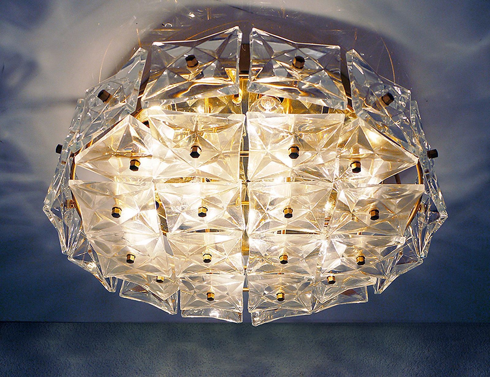 1960 Germany Kinkeldey Large Flush Mount Chandelier Gold Plated Brass & Crystal photo buy