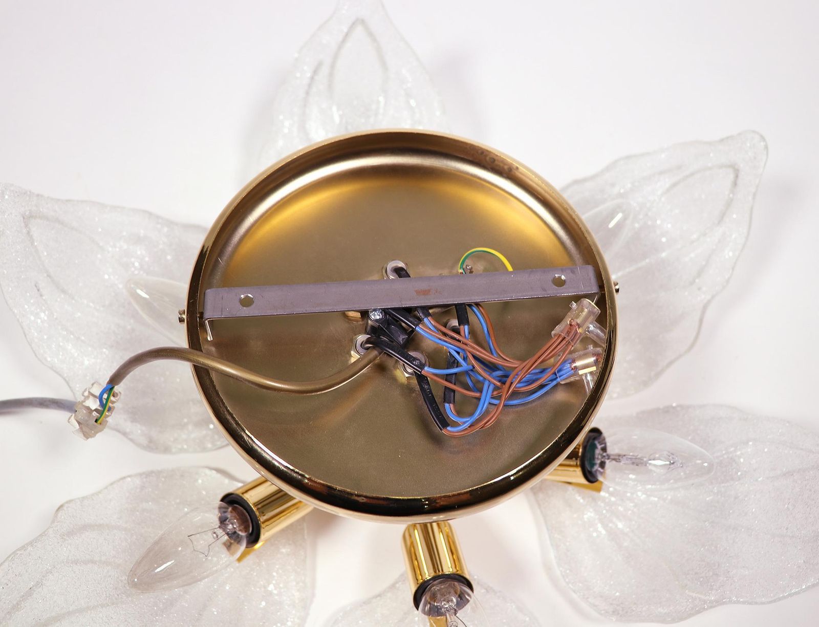 1 'Of 2' Leaf Flush Mount Chandelier Murano Glass & Brass By Novaresi Italy 1970 photo vinterior