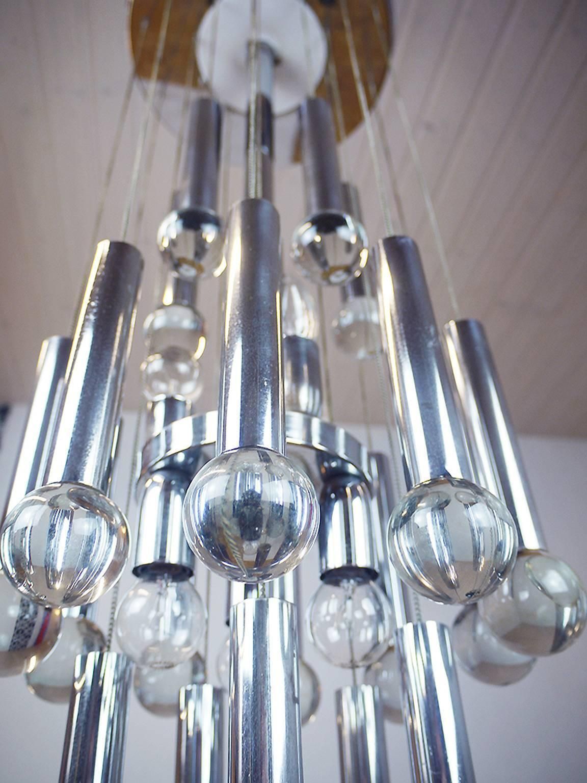 1970 Italy Gaetano Sciolari Sputnik Cascade Chandelier Crystal Balls & Chrome photo for sale