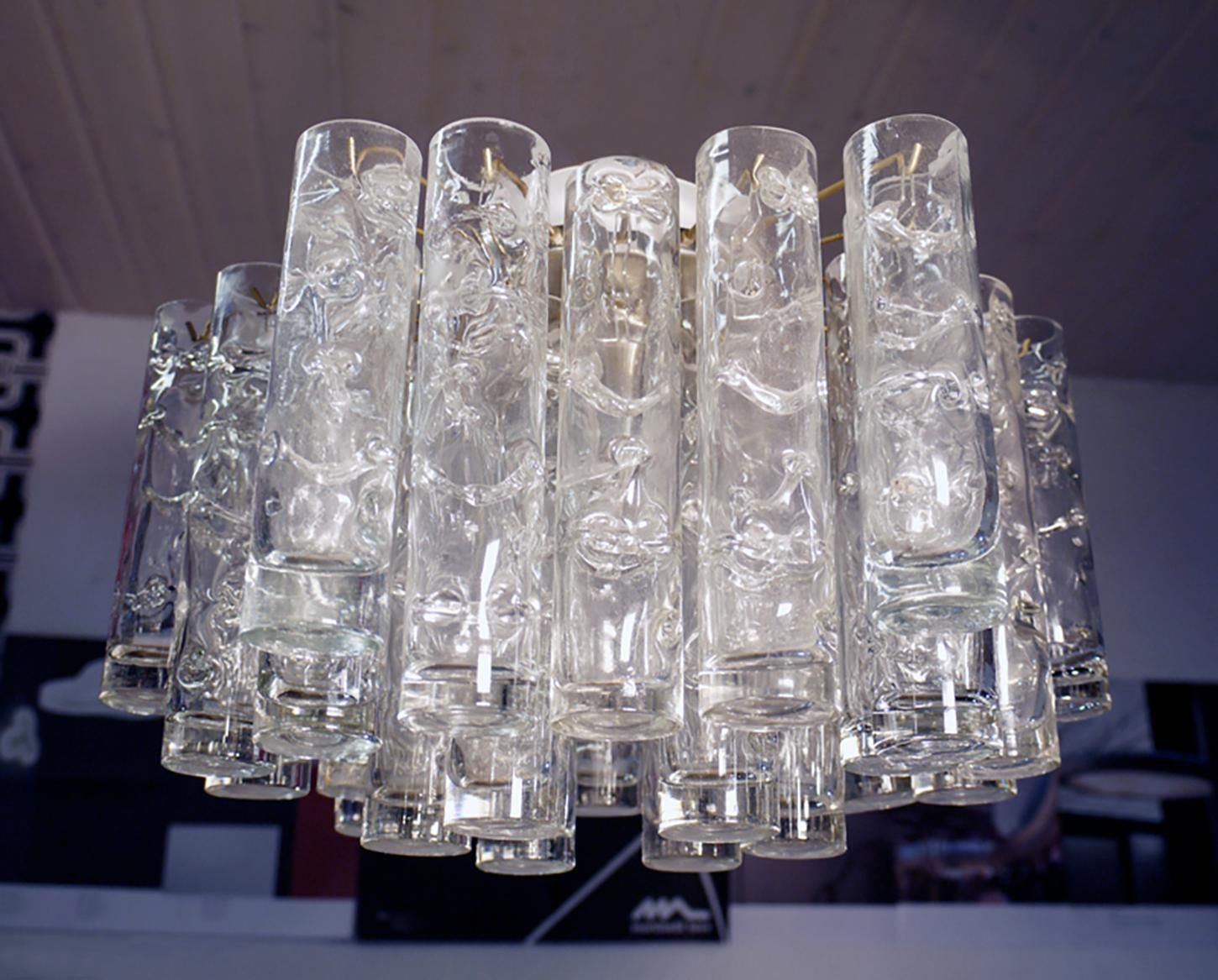 1960 Germany Doria Lava Flush Mount Chandelier Murano Glass Tubes & Brass photo for sale