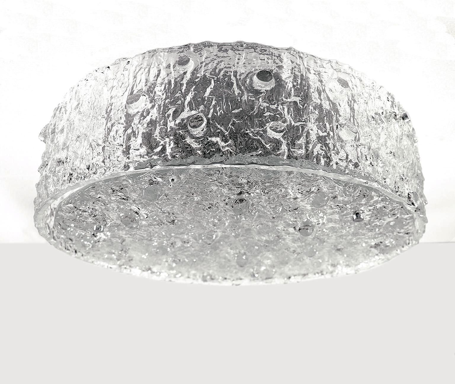 Large 20" Flush Mount Chandelier Iced Murano Glass By Doria, Germany, 1960s photo furniture