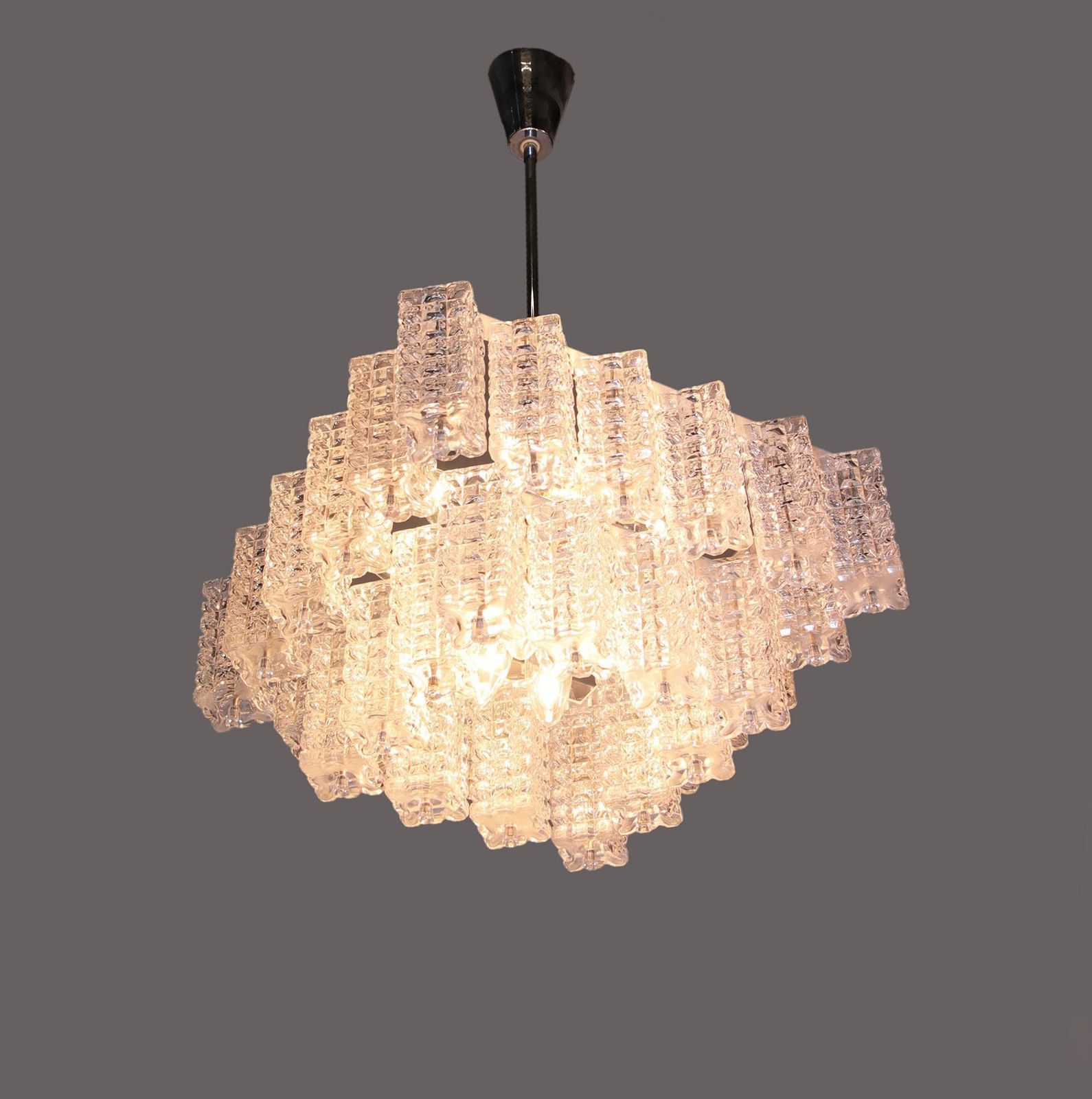 Square Chandelier Glass & Chrome By Austrolux, Vienna, 1960s photo Lighting