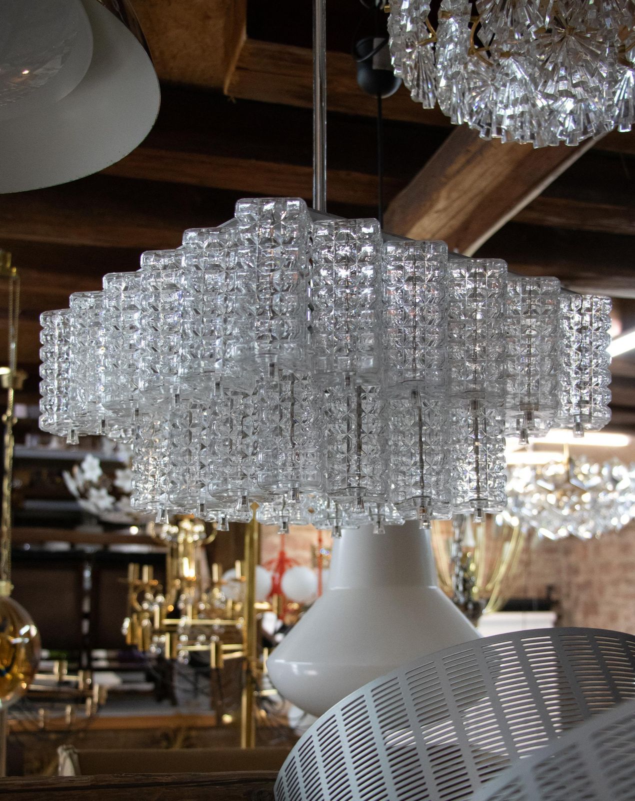 Square Chandelier Glass & Chrome By Austrolux, Vienna, 1960s photo vintage