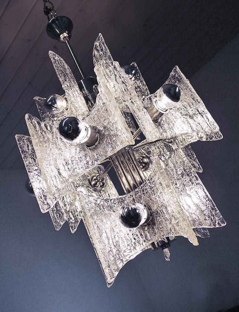 Frosted Murano Chandelier Glass & Chrome By Kaiser, Germany 1960s photo furniture