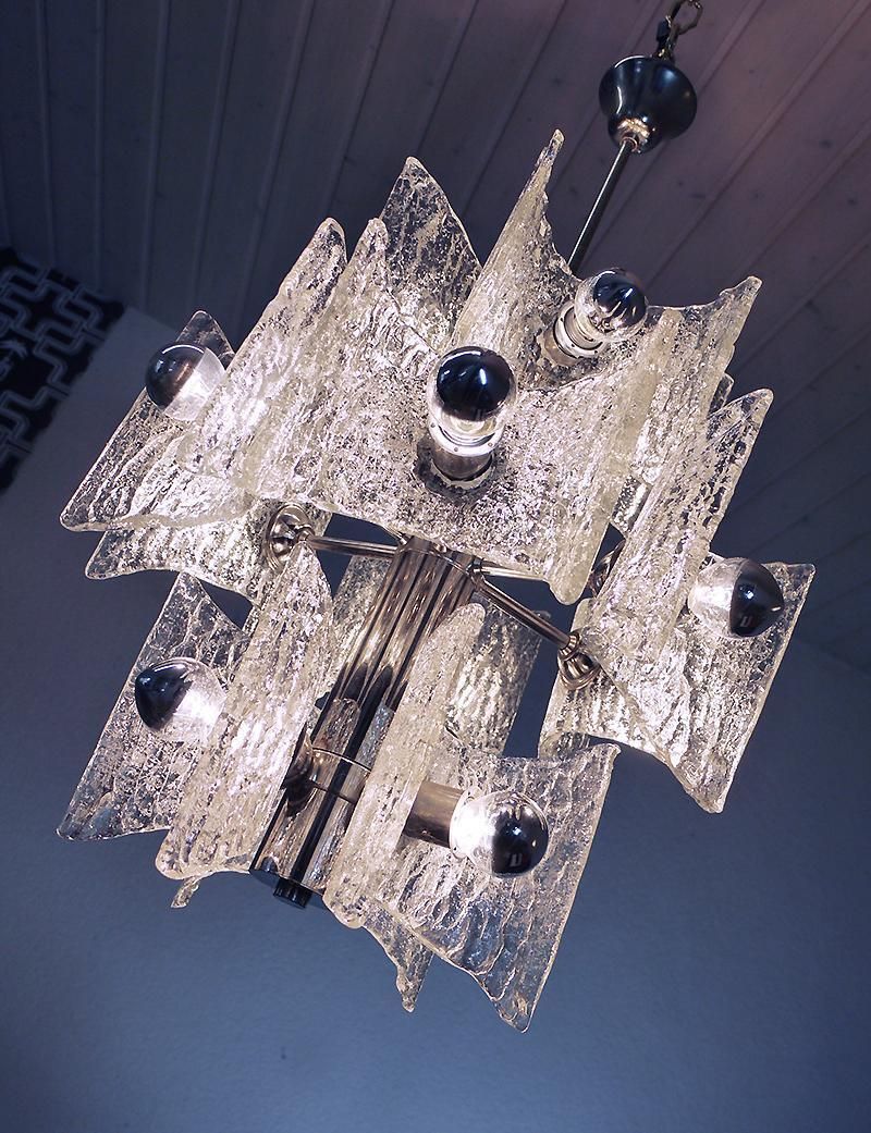 Frosted Murano Chandelier Glass & Chrome By Kaiser, Germany 1960s photo for sale