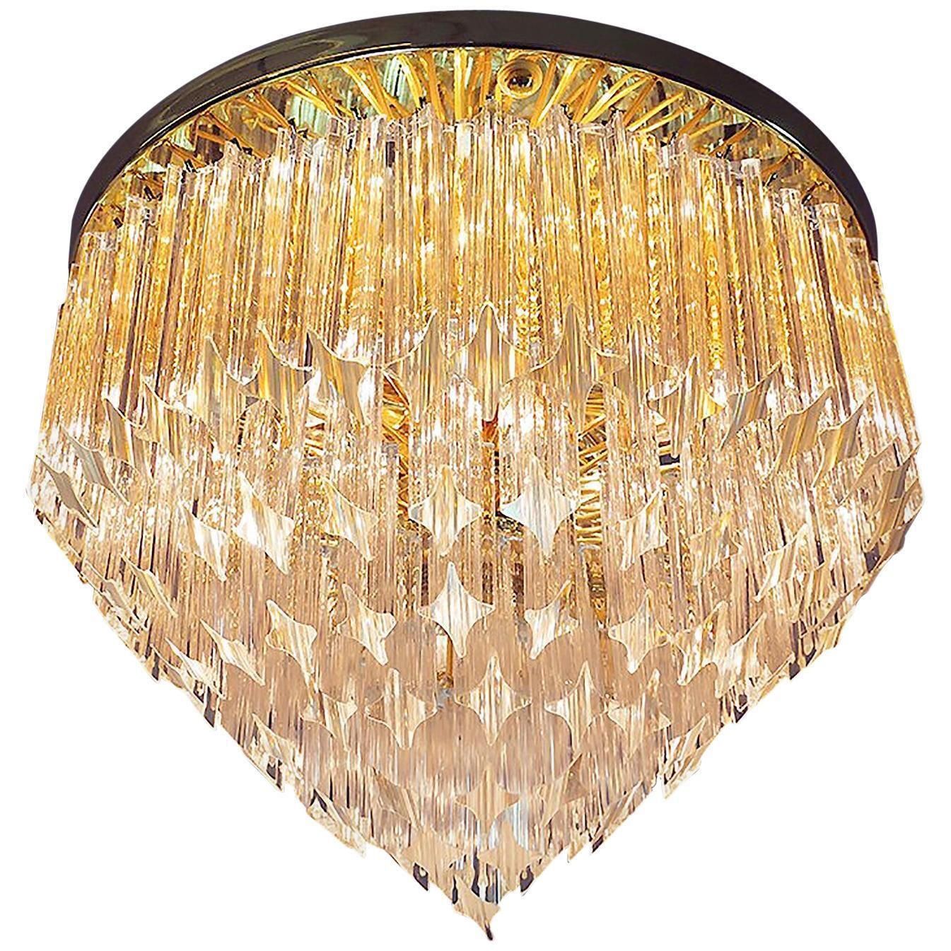 Glamorous 20" Novaresi Flush Mount Chandelier Crystals & Gilt Brass, Italy 1970s