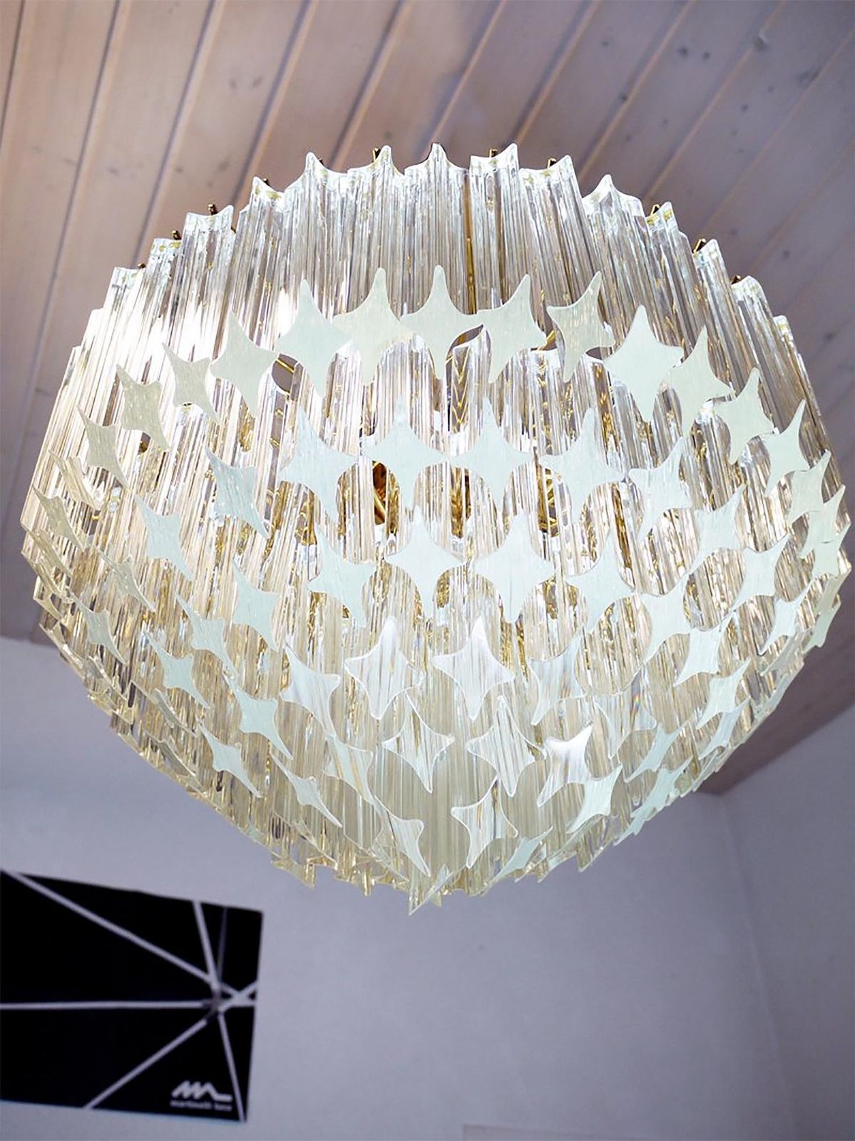 Glamorous 20" Novaresi Flush Mount Chandelier Crystals & Gilt Brass, Italy 1970s photo for sale