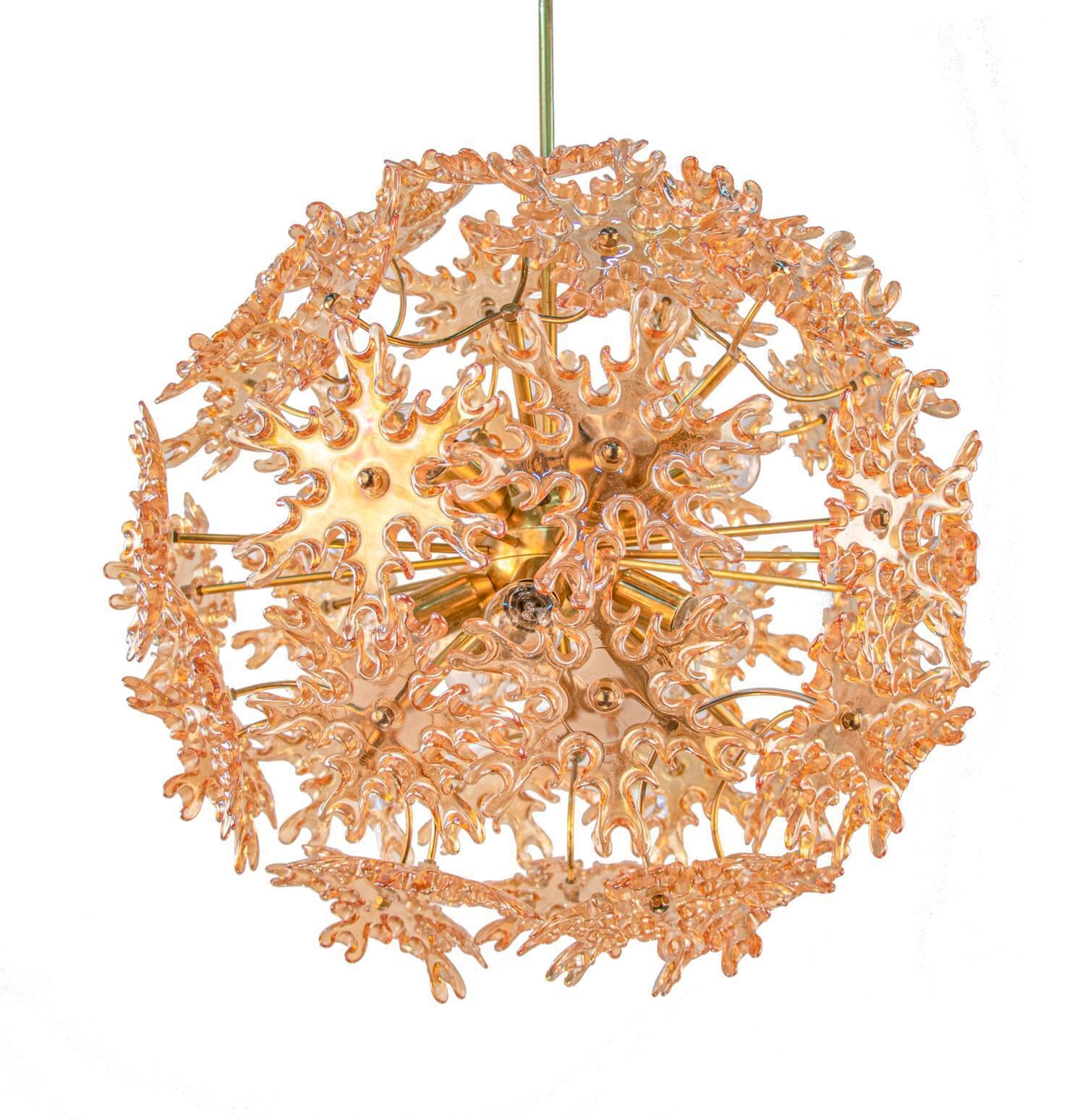 photo for sale Starburst 22“ Amber Murano Chandelier Iridescent Glass & Brass, Sische 1960s