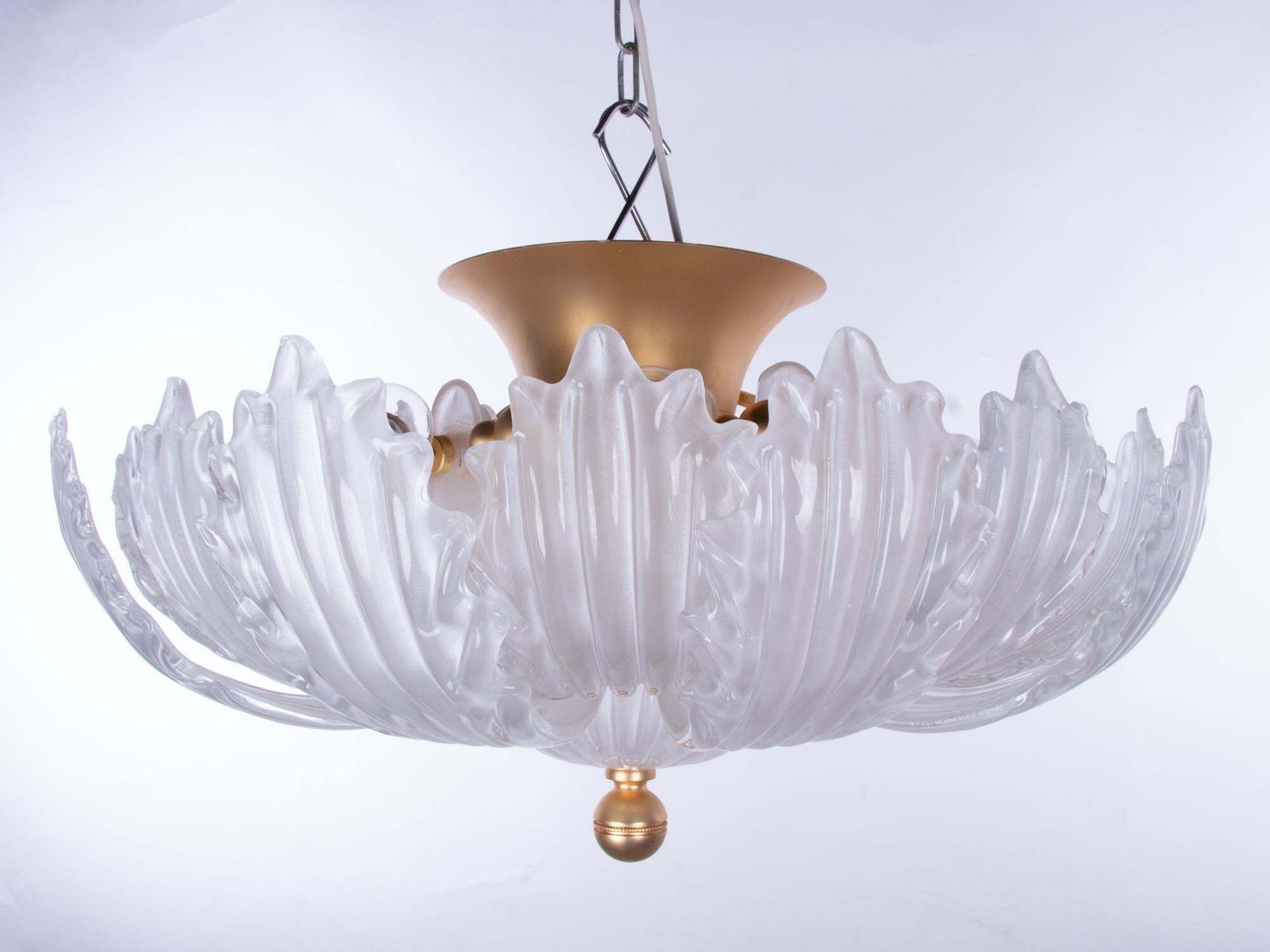 Murano Satin 25.6" Flush Mount Glass & Brass Chandelier, Barovier & Toso, Italy photo Lighting