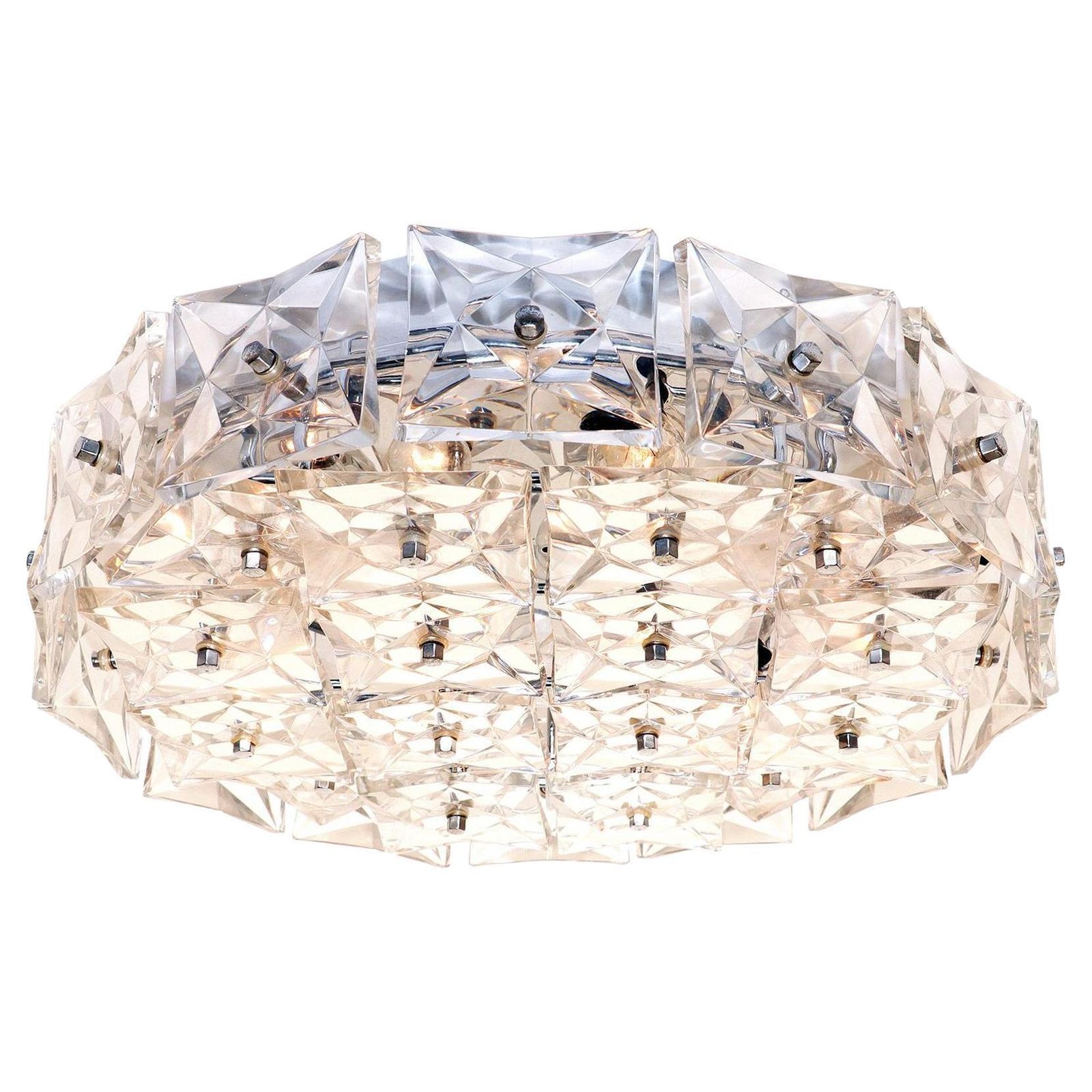 1 'Of 2' Large Flush Mount Chandelier Crystal & Chrome By Kinkeldey Germany 1960