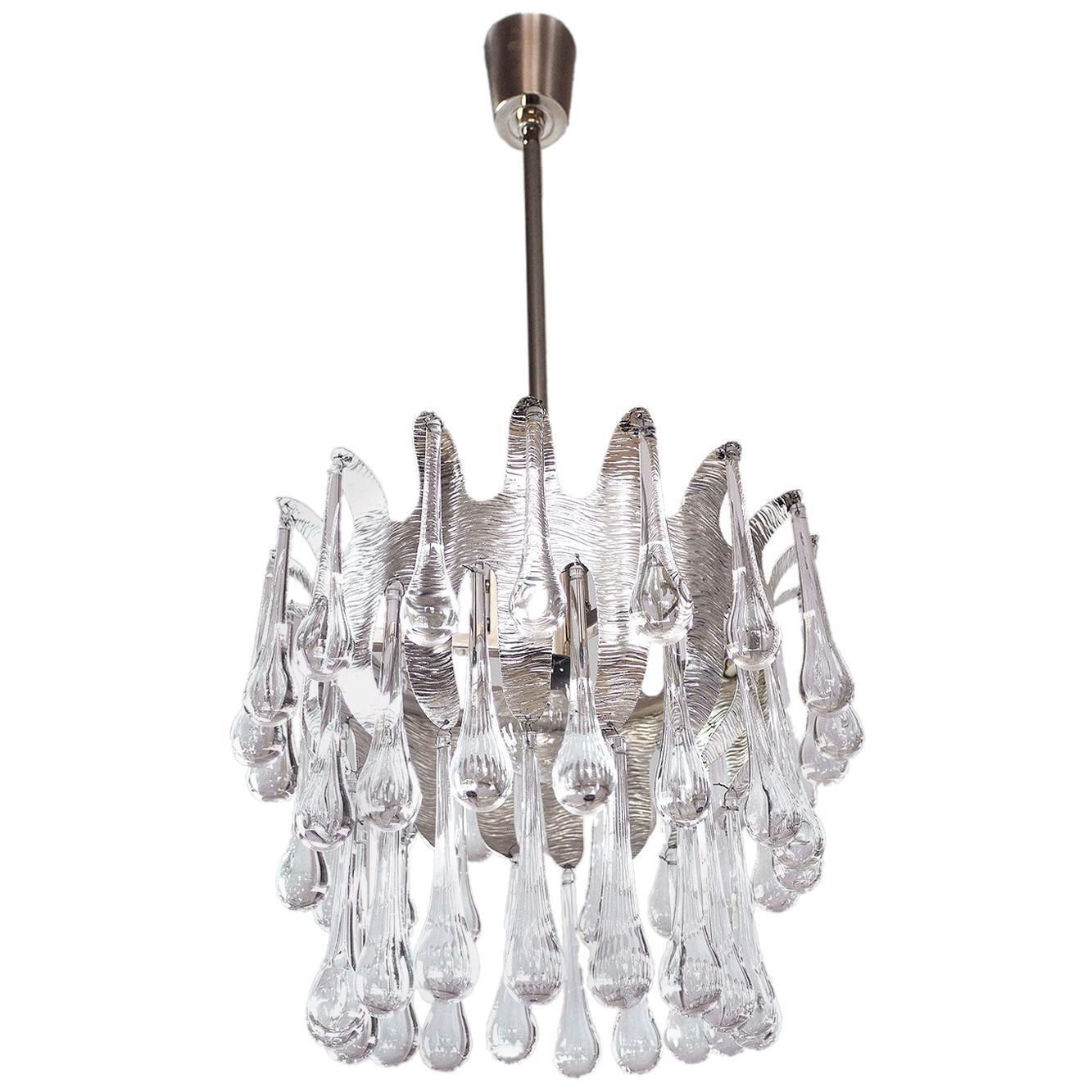 1970 Germany Palwa Tear Drop Chandelier Murano Glass And Silver Brass