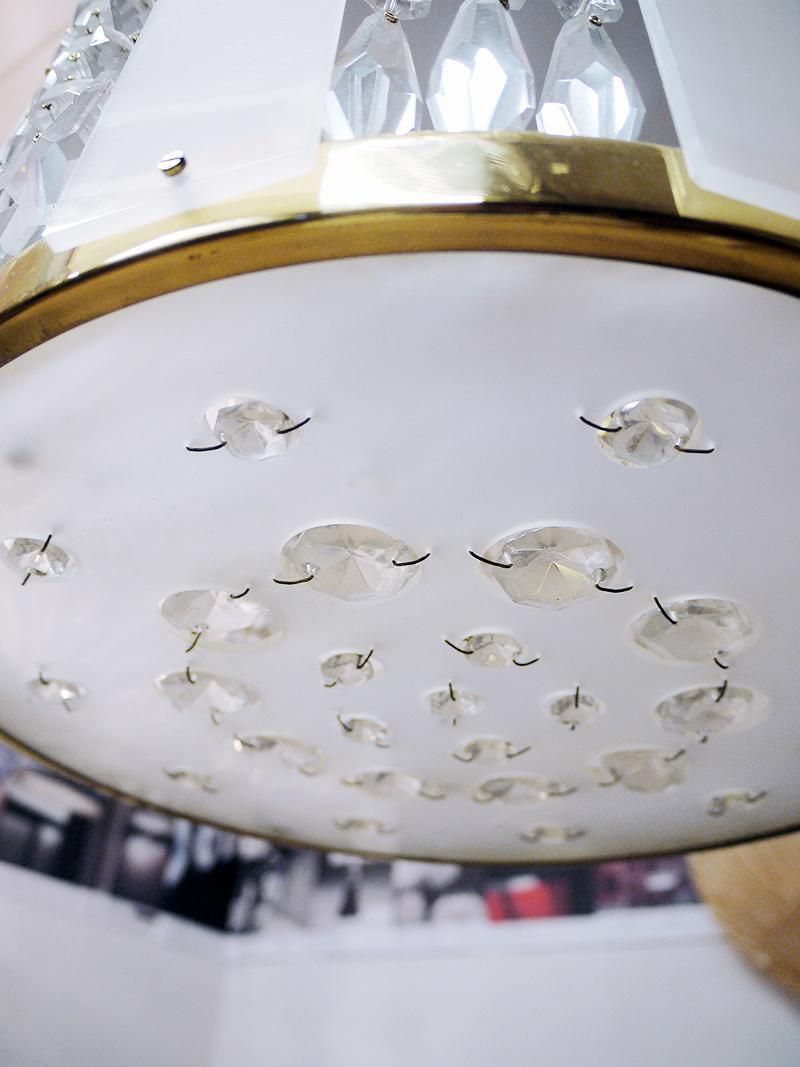 1960s Drum Chandelier Crystal, Brass And White Lucite In The Manner Of Stilnovo photo Lighting