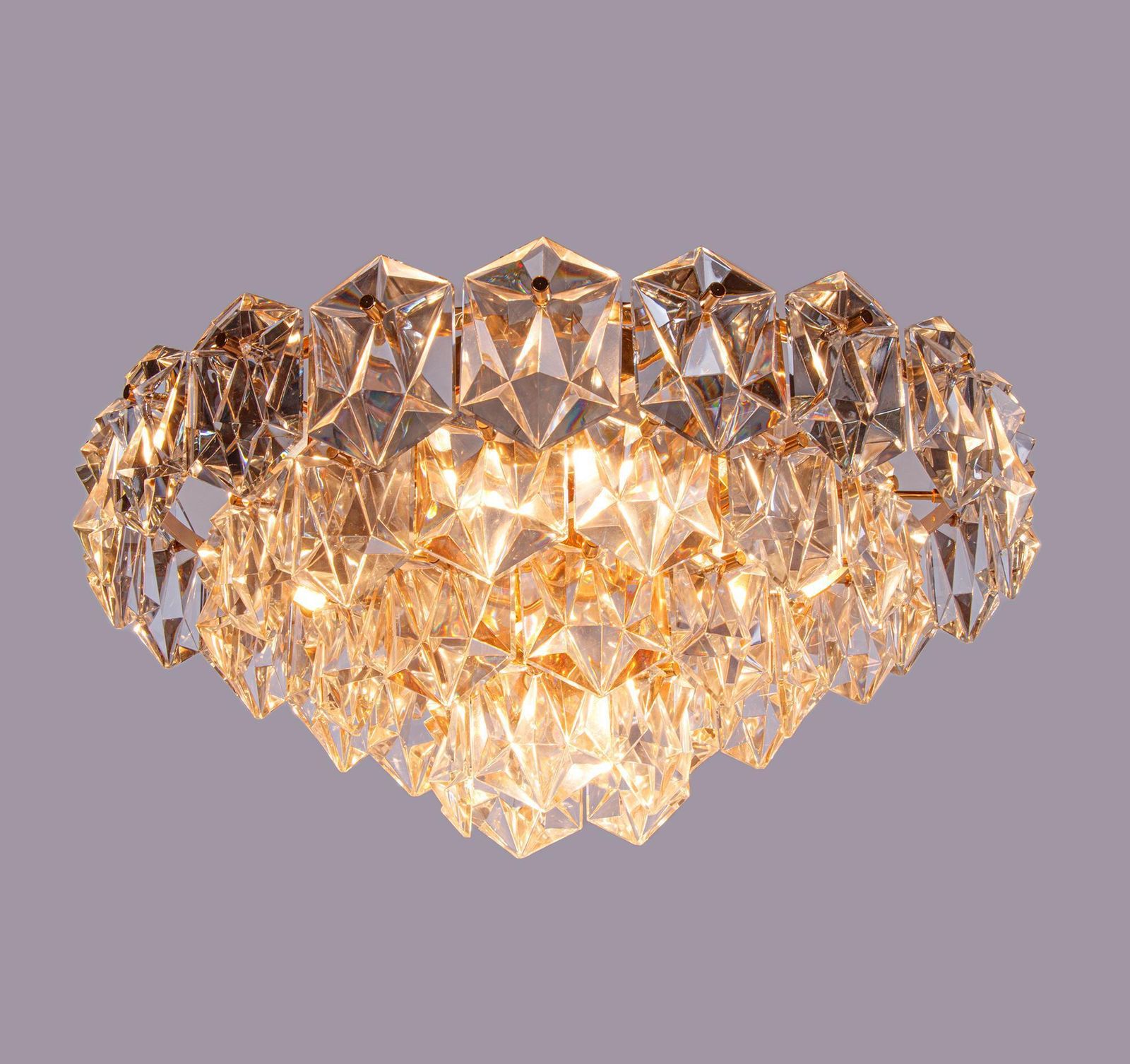 1970 Germany Kinkeldey Flush Mount Crystal & Gilt Brass Chandelier photo vintage