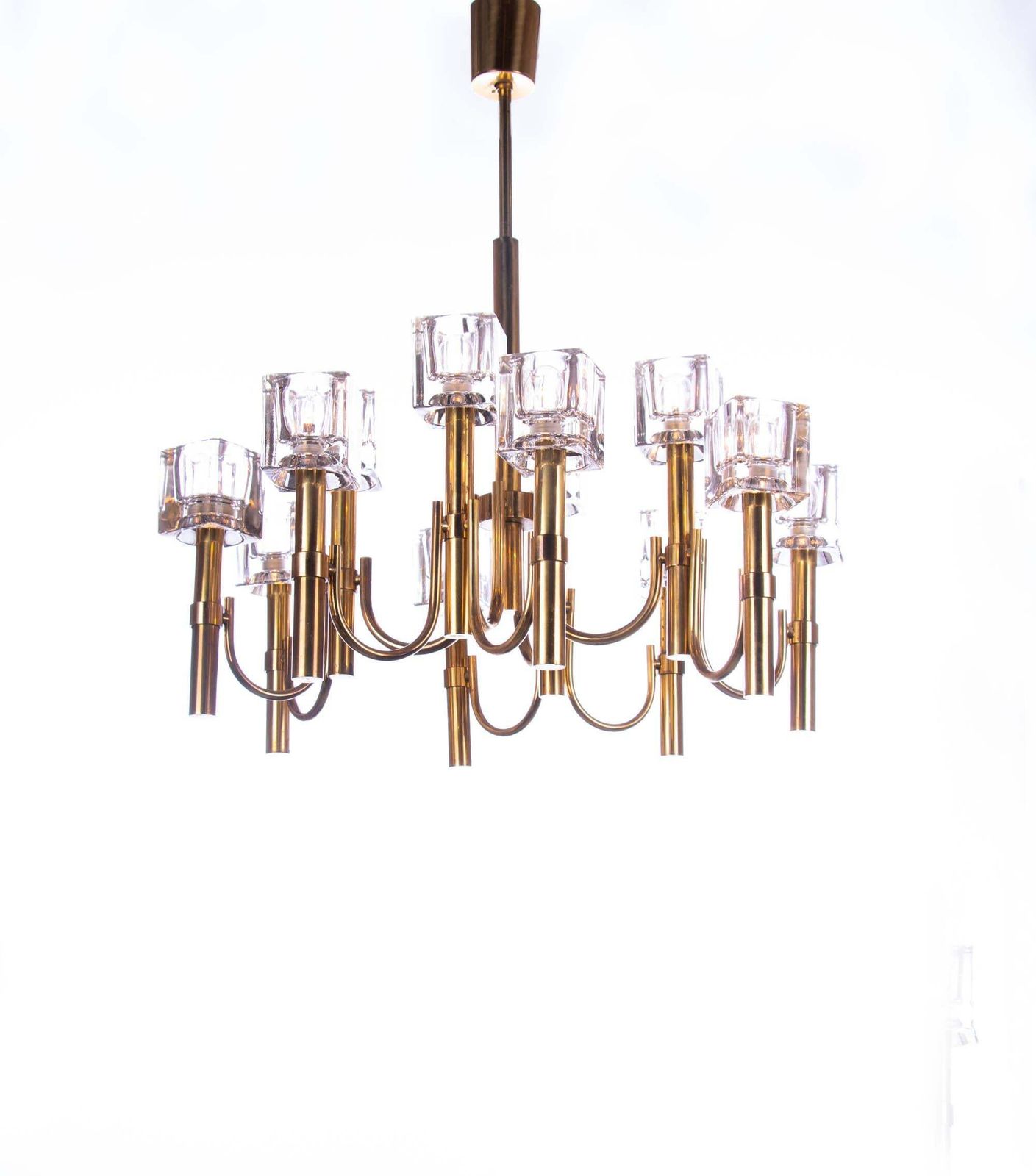 1970s Italy Sciolari Modernist Chandelier Twelve Cubist Glass & Brass photo furniture