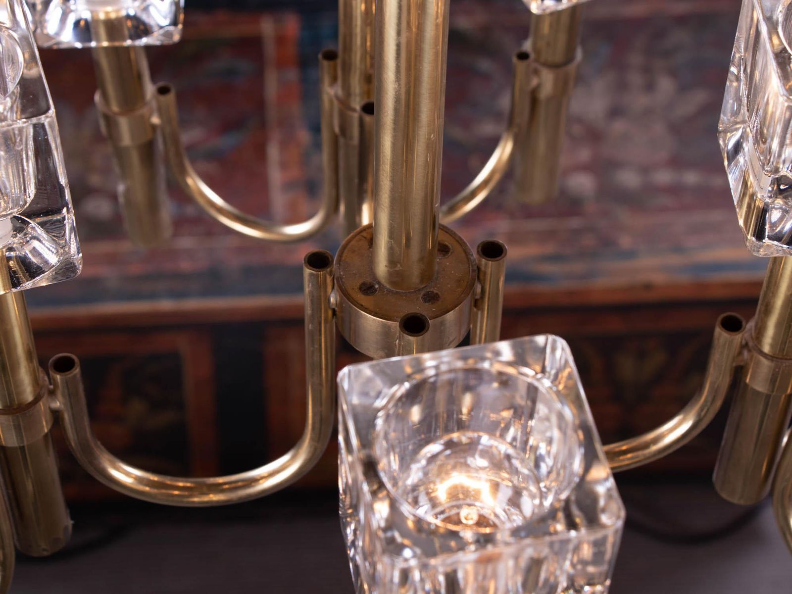 1970s Italy Sciolari Modernist Chandelier Twelve Cubist Glass & Brass photo vinterior
