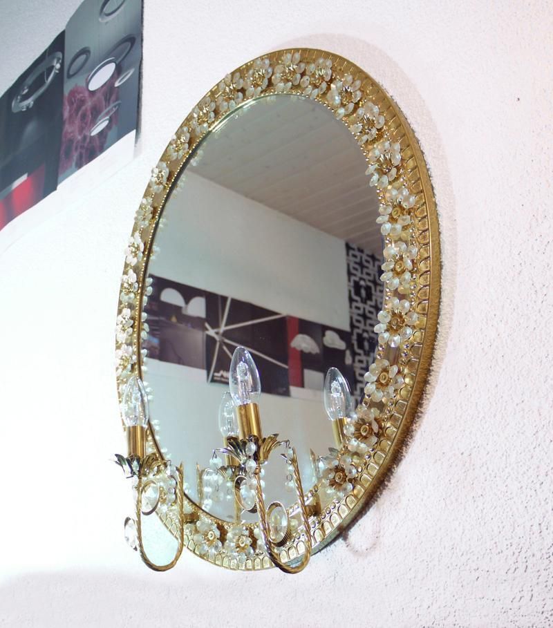 Illuminated Oval Mirror Crystal & Gilt Brass By Palwa, Germany 1960 photo for sale