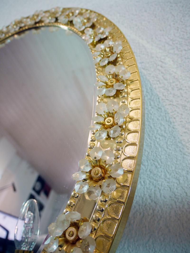 photo for sale Illuminated Oval Mirror Crystal & Gilt Brass By Palwa, Germany 1960