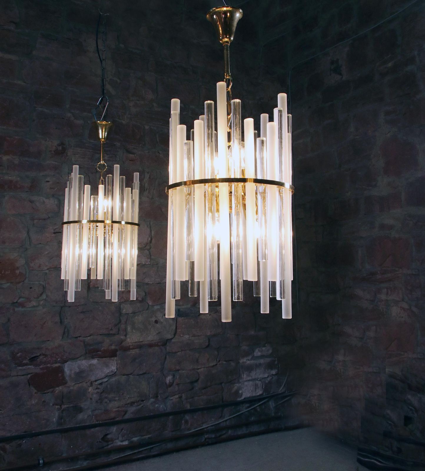 photo for sale 1 'Of 2' German Palwa Iced Sticks & Brass Chandelier By Christoph Palme 1960