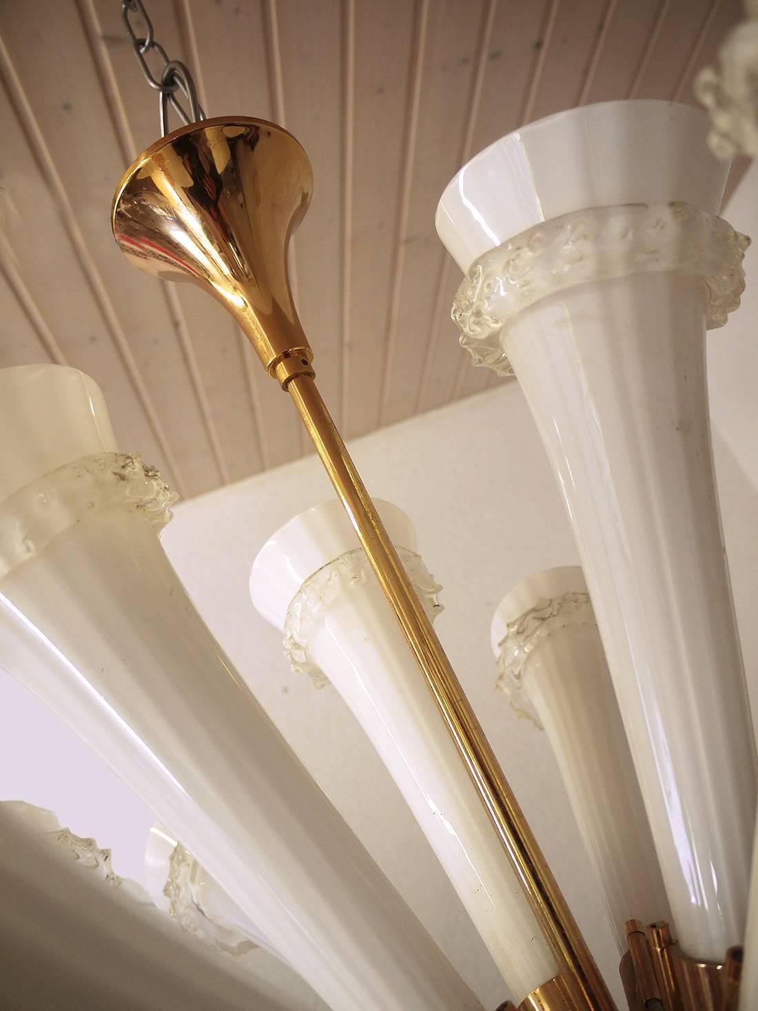 Venini Trumpet Chandelier Opaline Murano Glass & Brass, Italy 1960 photo for sale