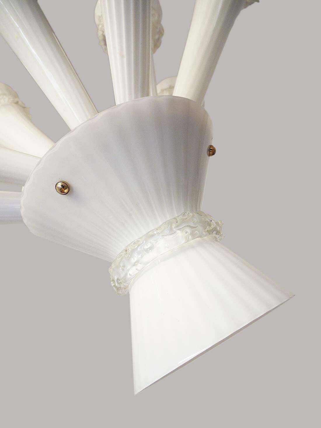 Venini Trumpet Chandelier Opaline Murano Glass & Brass, Italy 1960 photo Lighting