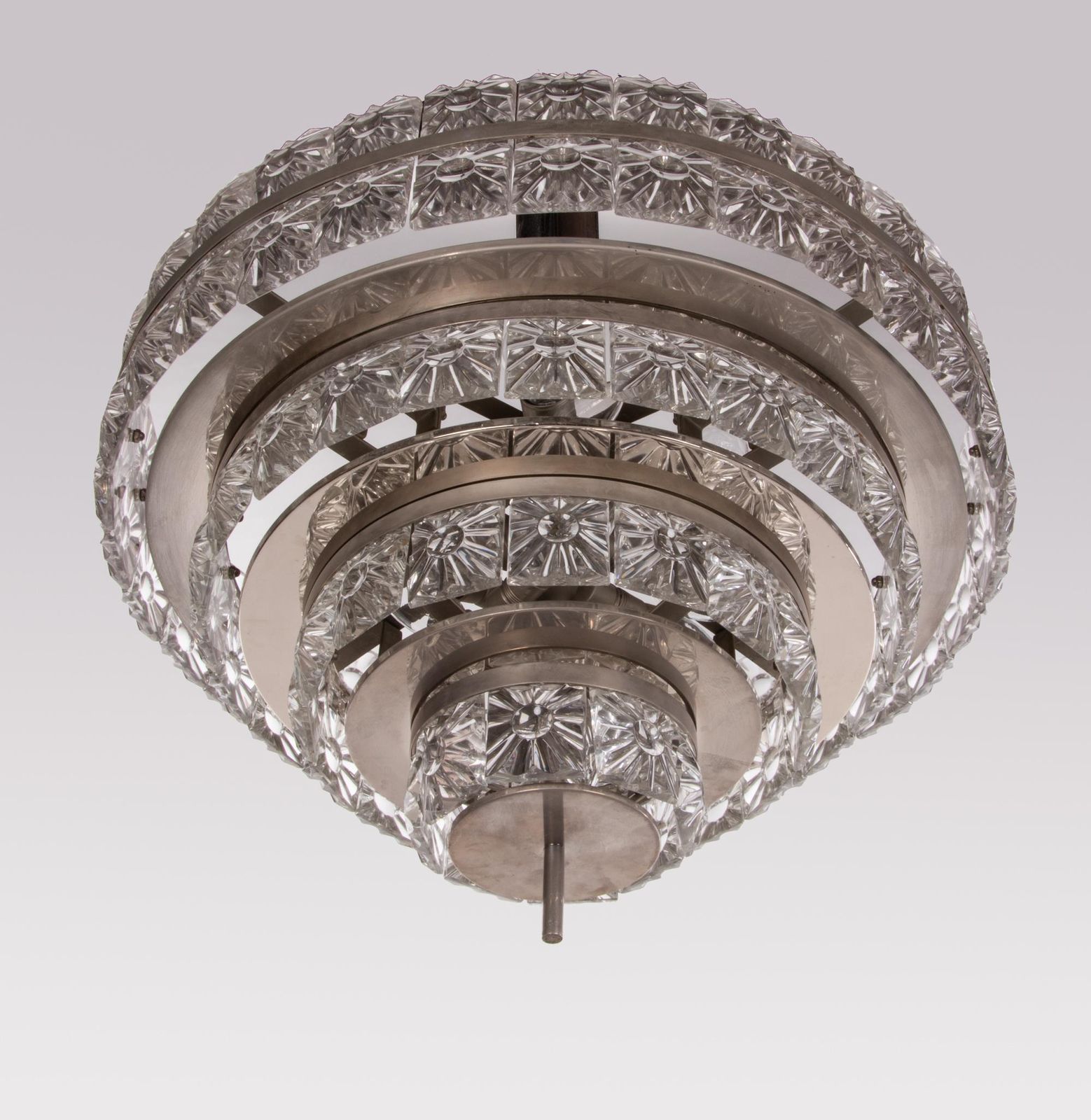 Carl Fagerlund 5 Tier 26" Lens Chandelier Crystal & Nickel, Orrefors Sweden 1960 photo vinterior