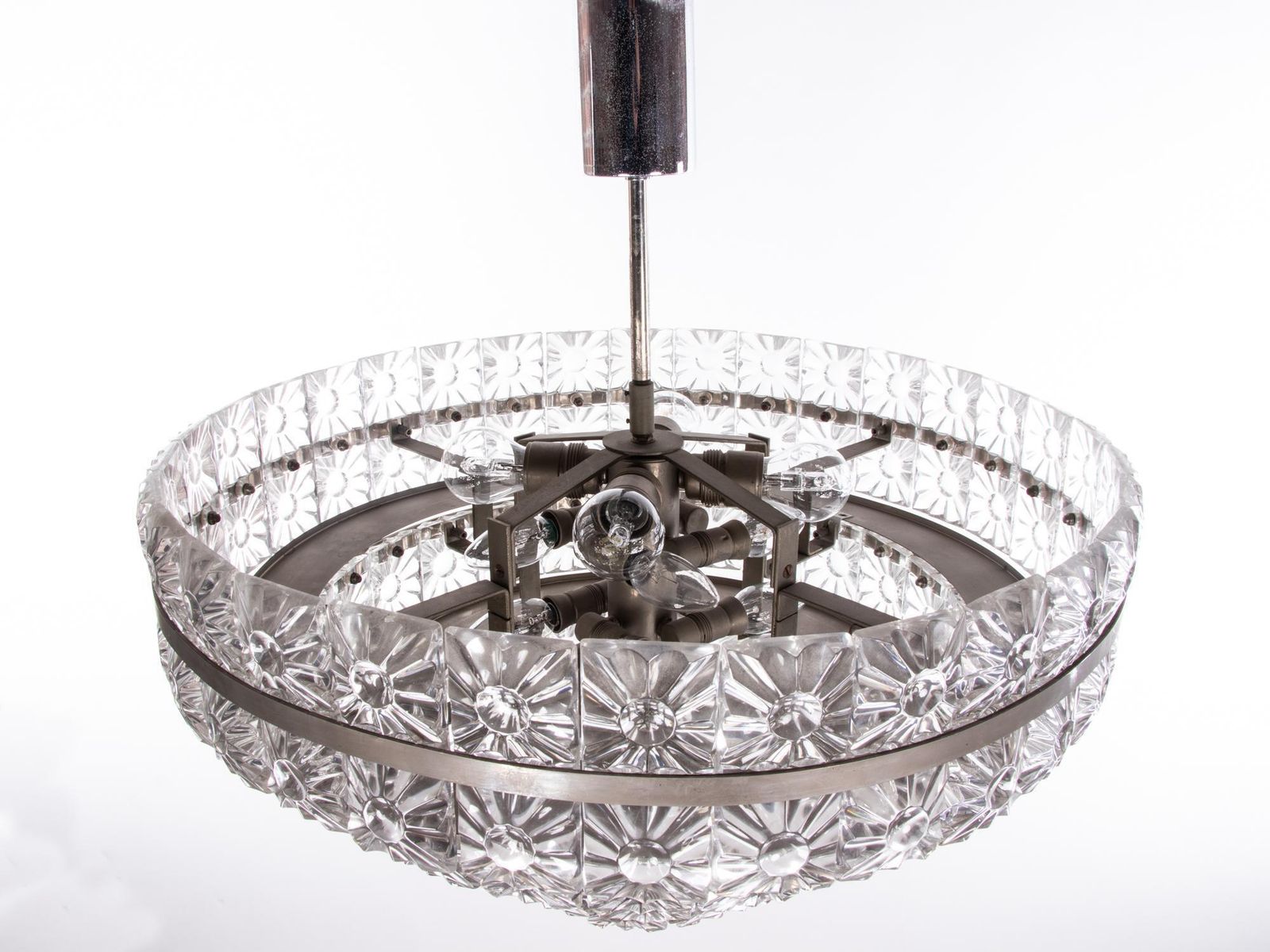 Carl Fagerlund 5 Tier 26" Lens Chandelier Crystal & Nickel, Orrefors Sweden 1960 photo vintage