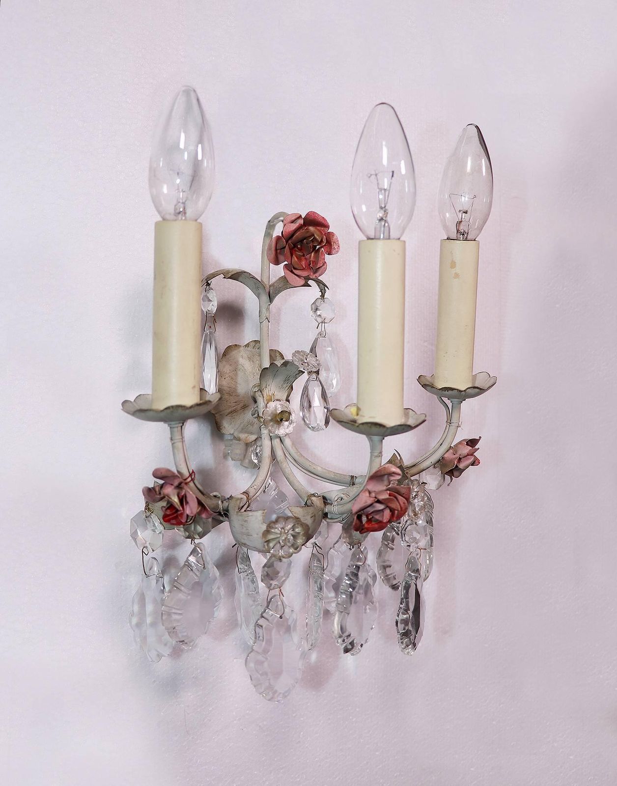 Pair Of Italian Wall Sconces Painted Tole & Crystal, Italy, 1940s photo furniture