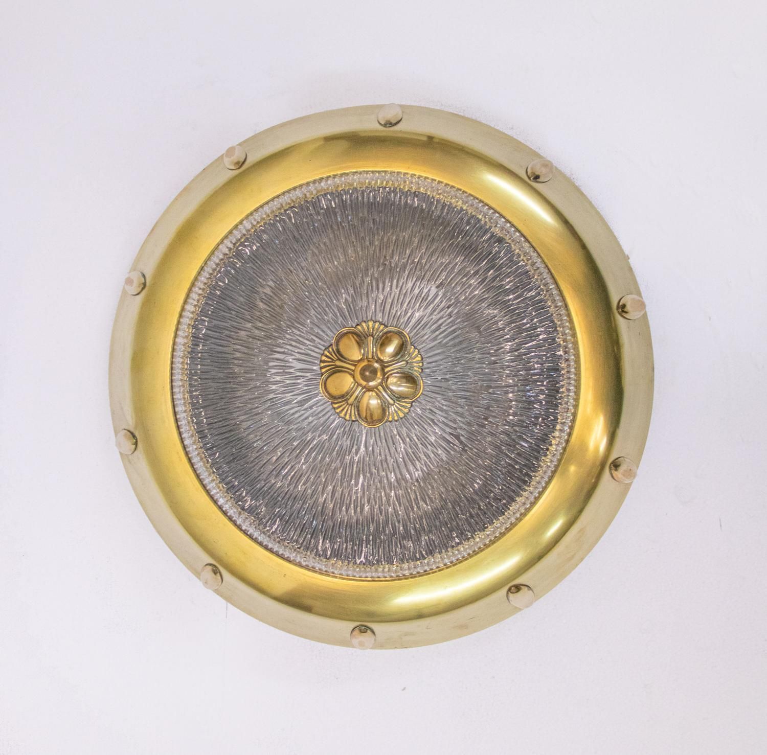 French Art Deco Flush Mount Chandelier Glass & Brass 1930s photo 998.0