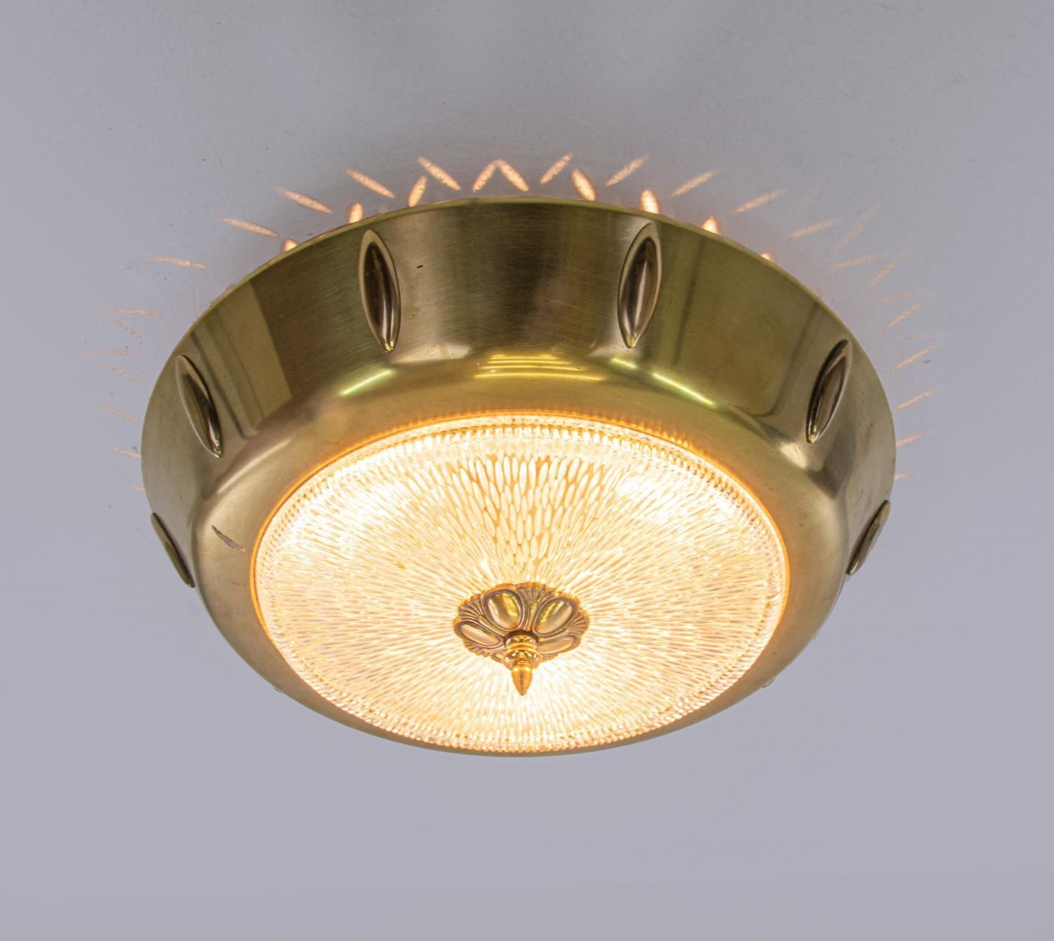 French Art Deco Flush Mount Chandelier Glass & Brass 1930s photo vinterior