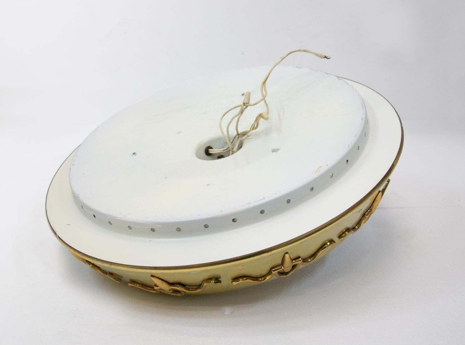French Art Deco Flush Mount Chandelier Glass & Brass 1930s photo buy