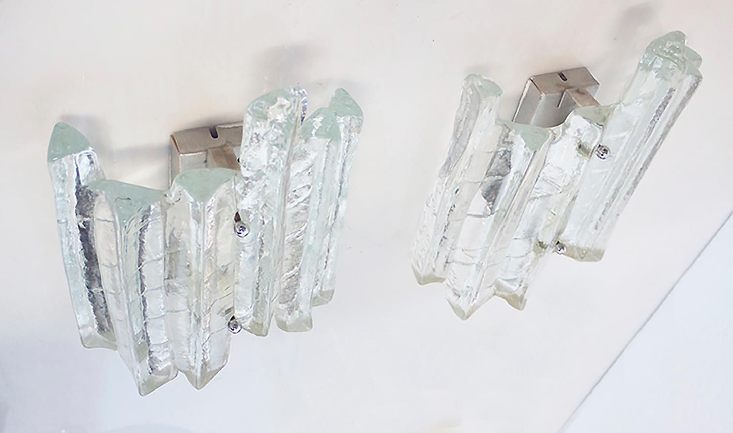 Lighting 1 'Of 2' Pair Of Kalmar Wall Sconces Frosted Glass And Chrome, Austria 1960s photo