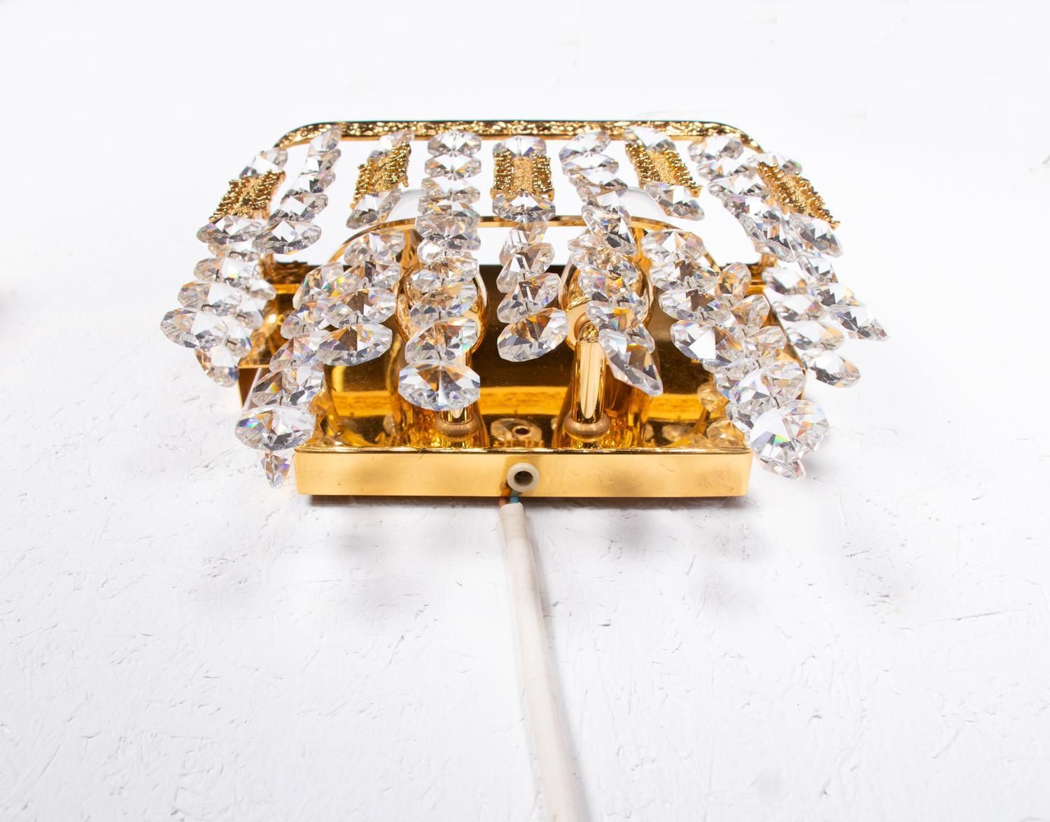 photo for sale 1960 Germany Palwa Glamorous Jewel Wall Sconce Crystal & Gilt Brass, Set Of 2
