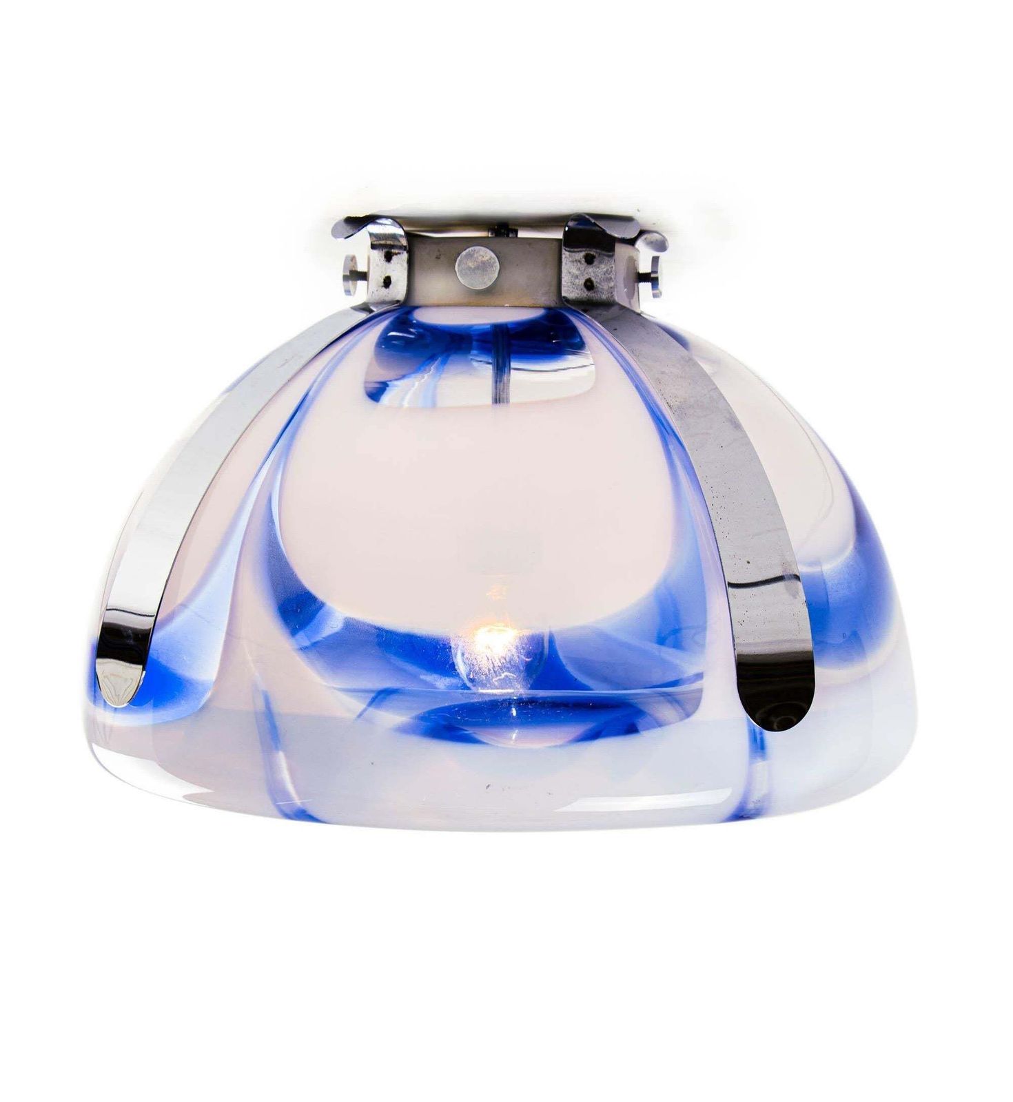 1970 Italy Mazzega Tulip Table Lamp & Flush Mount Blue Murano Glass & Chrome photo furniture