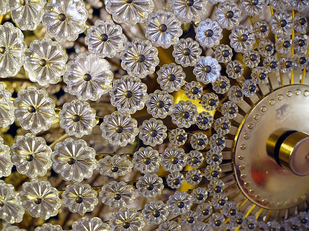 Large Floral Flush Mount Chandelier Crystal & Brass By Emil Stejnar Attr. 1950s photo vintage