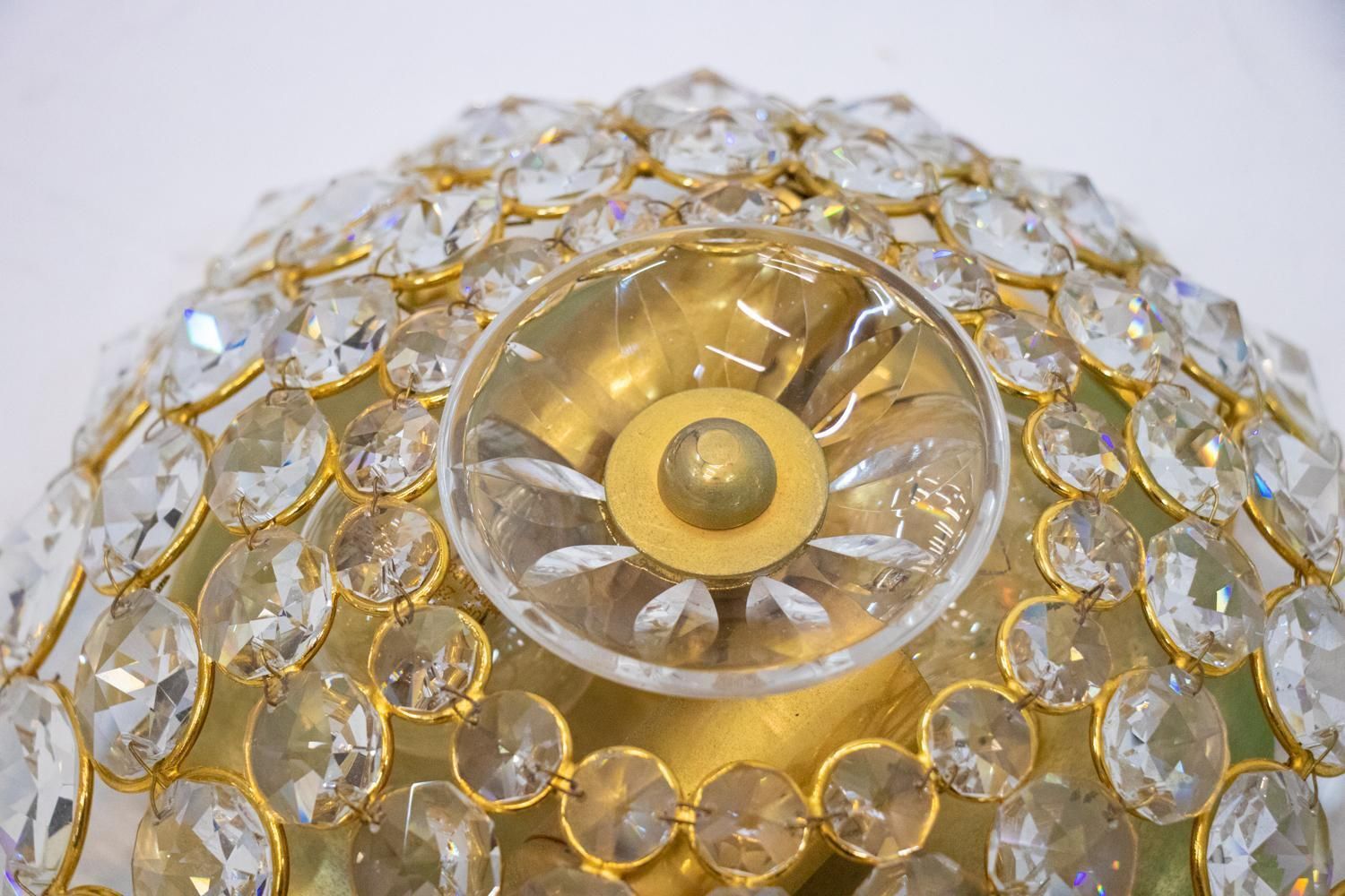 Pair Of Gold Plated Brass And Crystal Glass Wall Lamps Sconces By Palwa, 1960 photo Lighting