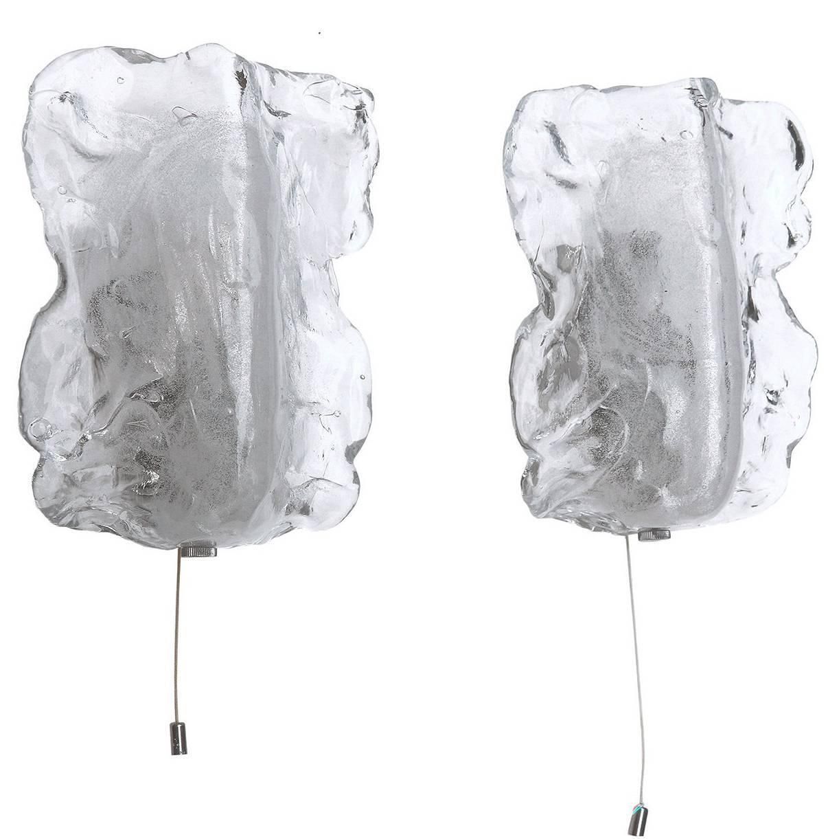 1960 Austria Kalmar Organic Wall Sconces Frosted Murano Glass & Chrome, Set Of 2