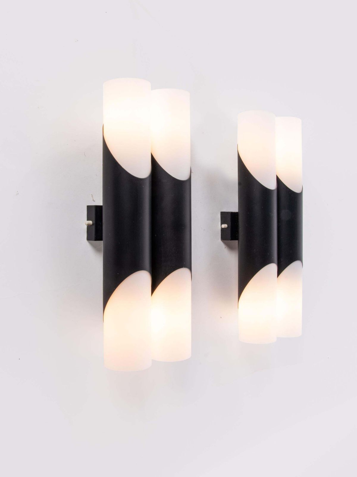 1 'Of 2' Pair Of 1970 Germany Neuhaus Double Glass Wall Sconces Black & White photo buy