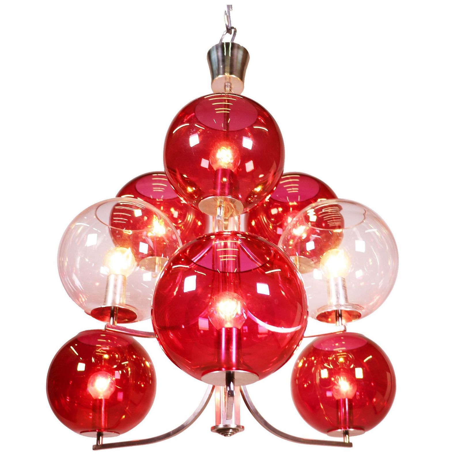 1960 Italy Sputnik Chandelier Cranberry Murano Glass Globes & Silver Plated