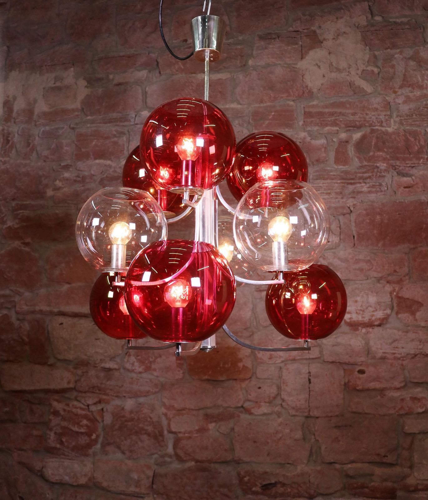 1960 Italy Sputnik Chandelier Cranberry Murano Glass Globes & Silver Plated photo 6571.0